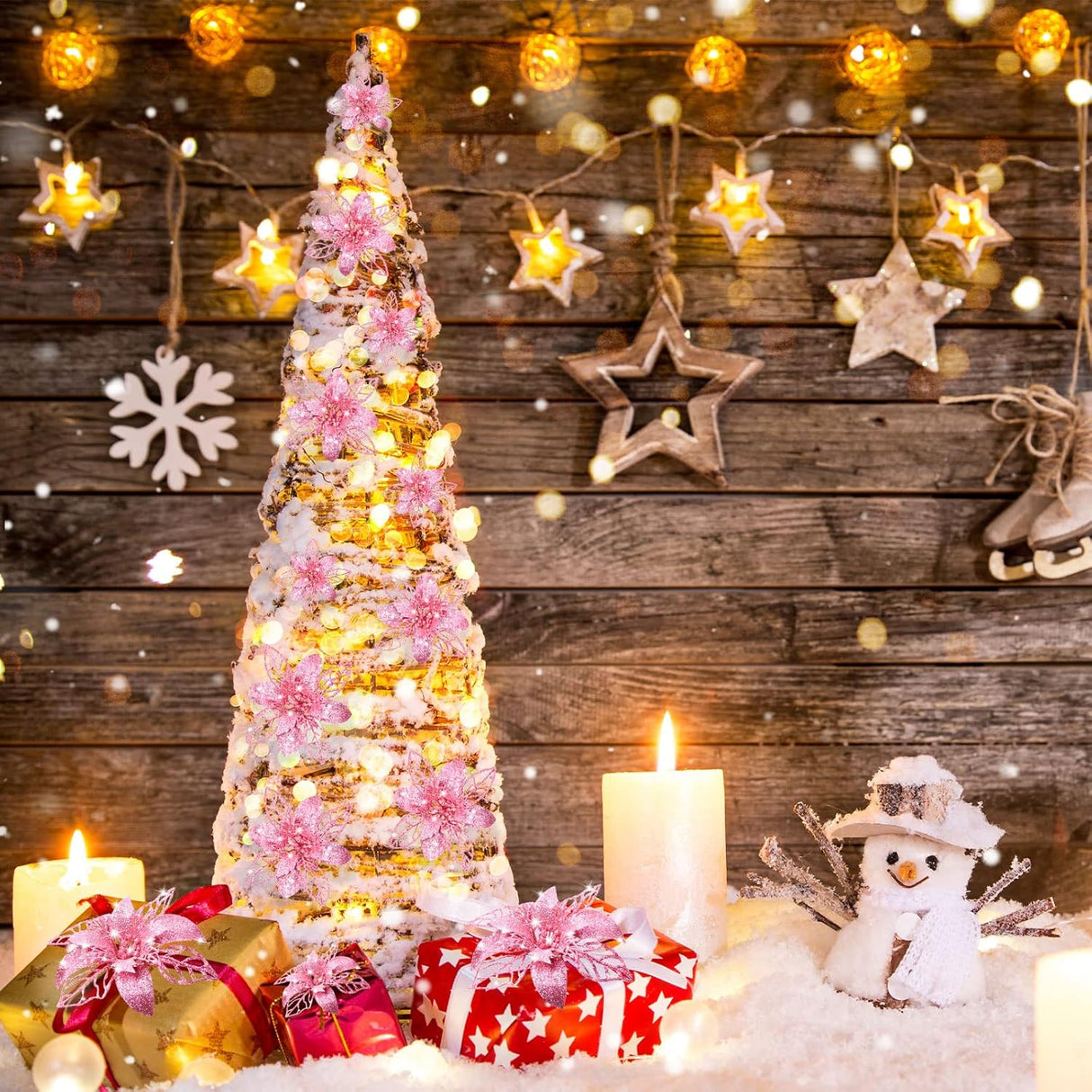 Flores Poinsettia Artificiales Boao 24 Piezas Decoración Navidad