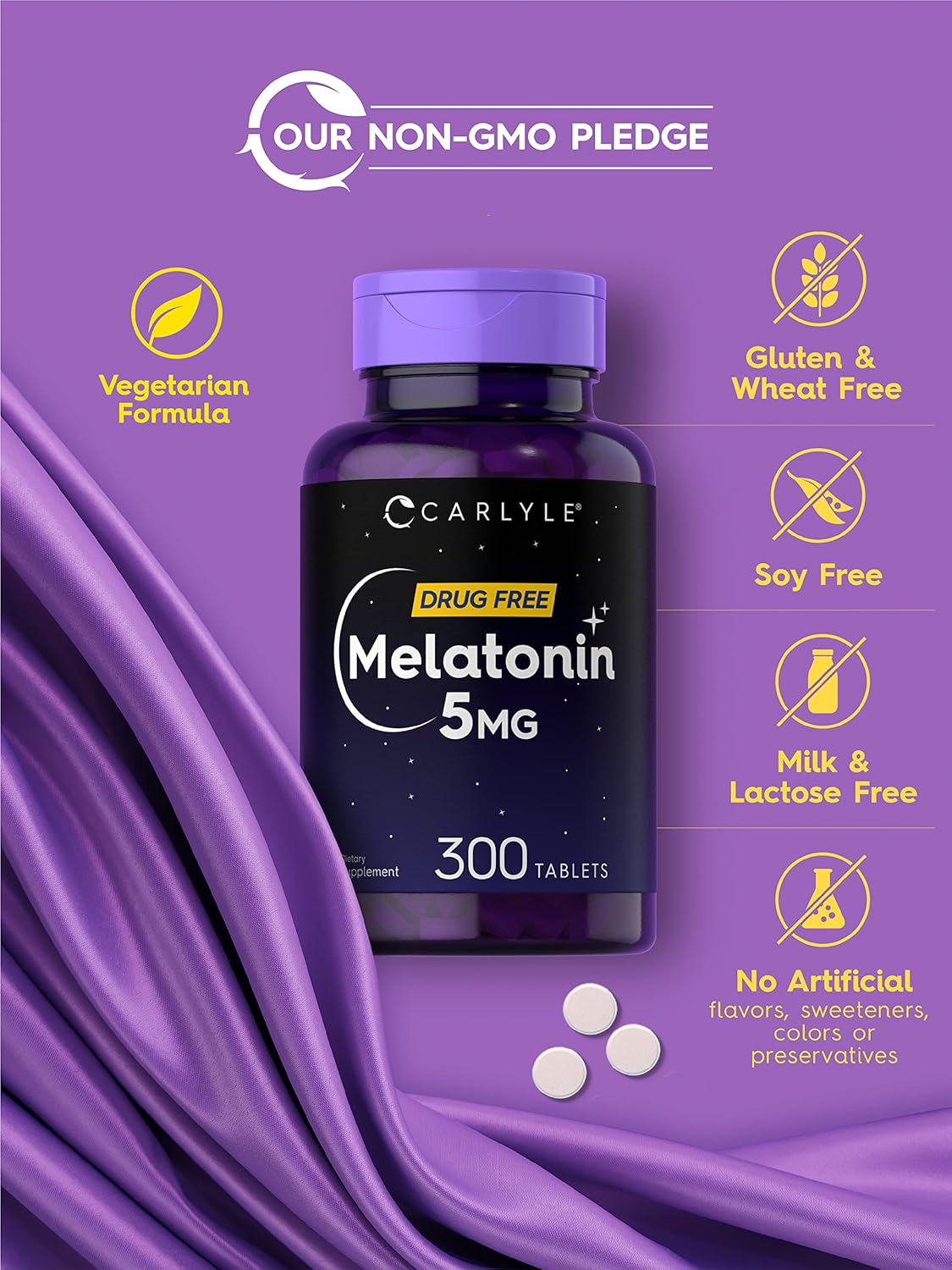 Melatonina 5mg Carlyle | 300 Tabletas | Vegana, Sin GMO