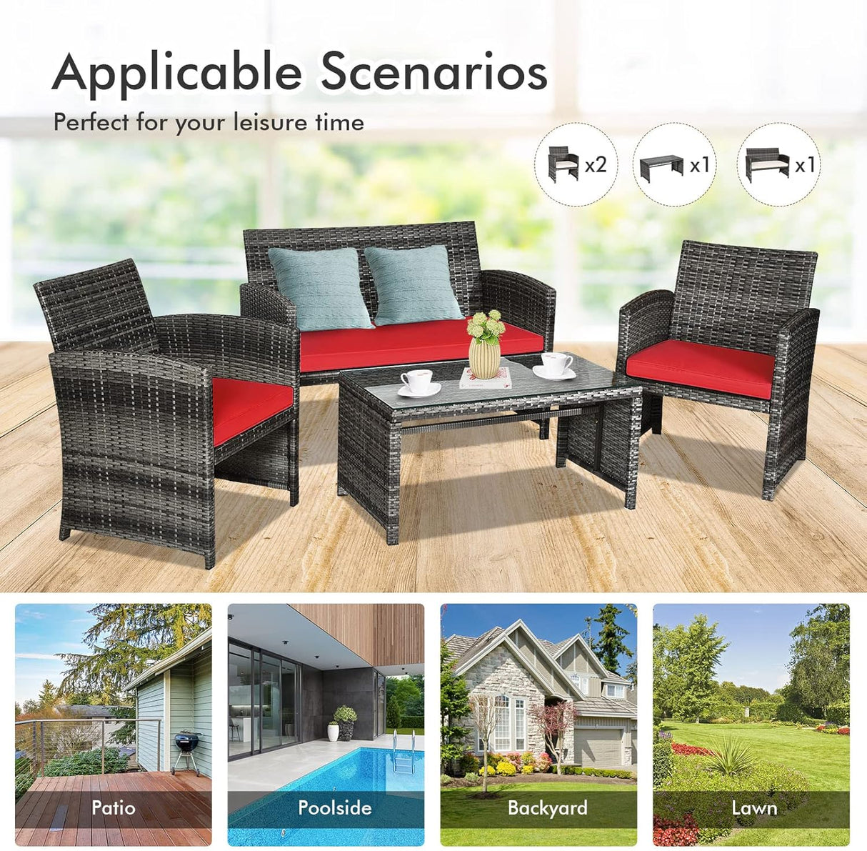 Goplus Juego de muebles de ratán de 4 piezas, sofá de conversación de mimbre para exteriores con cojines resistentes a la intemperie y mesa de vidrio templado para césped, patio, piscina, jardín (rojo)