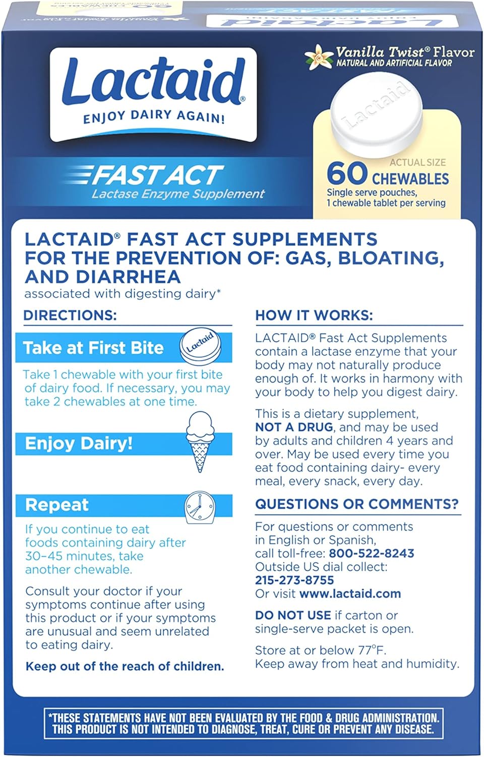 Suplemento Lactaid Fast Act masticable, vainilla