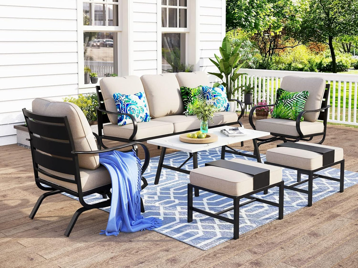 MFSTUDIO Juego de 6 piezas de conversación para patio (7 asientos), sofás de muebles de metal para exteriores con 1 sofá de 3 asientos, 2 sillas mecedoras, 2 otomanas y 1 mesa auxiliar, marco de hierro forjado con cojín beige