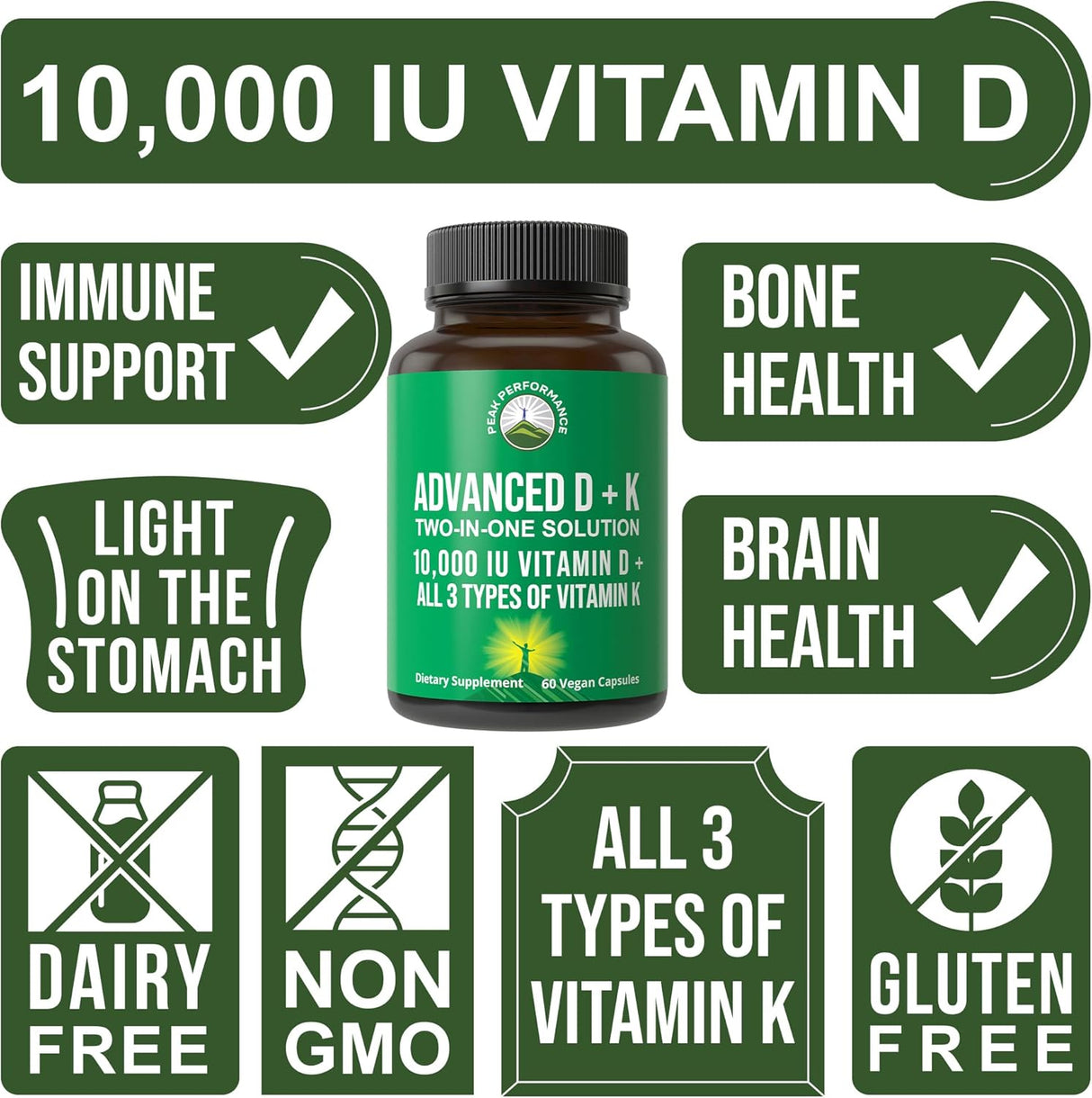 Suplemento de Vitamina D y K Peak Performance 10,000 IU 60 cápsulas