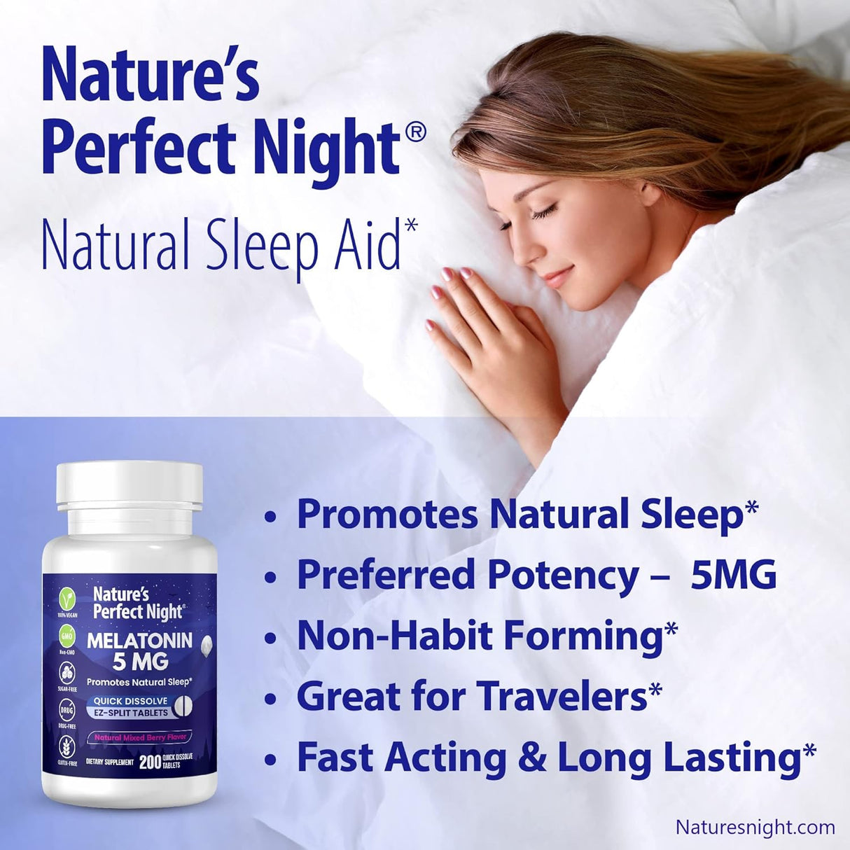 Melatonina 5mg Nature's Perfect Night 200 Tabletas Veganas