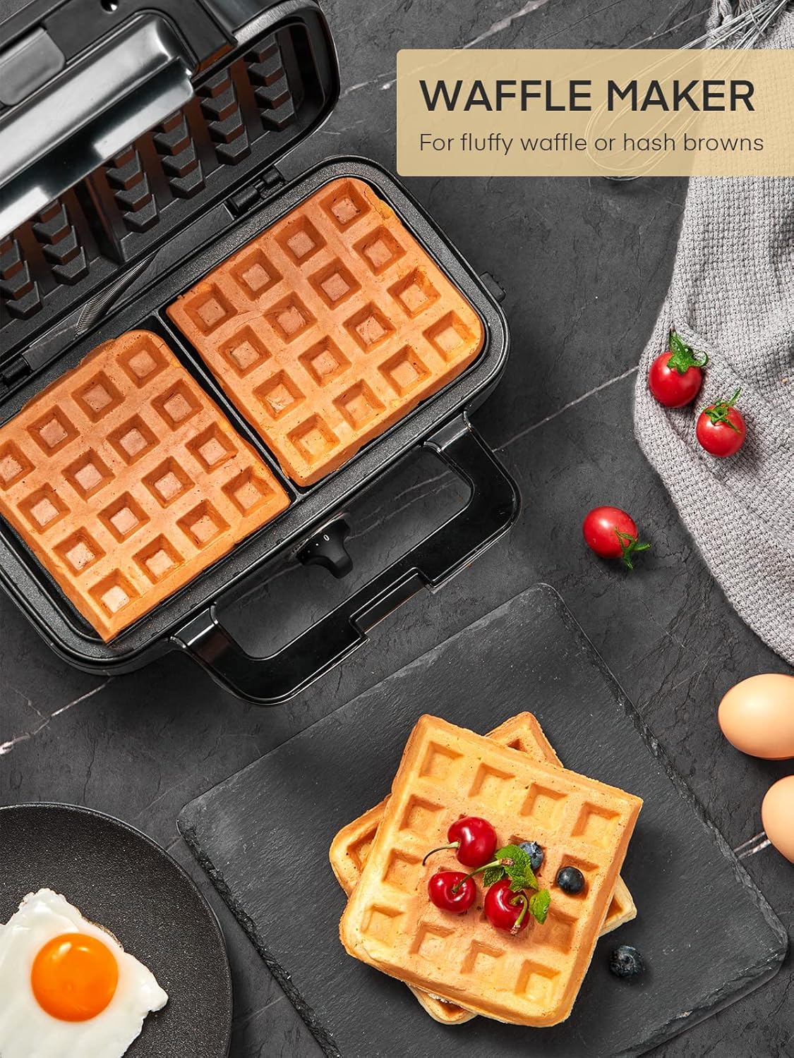 Waffle Maker 3 en 1 FOHERE, 1200W, Placas Removibles, Control T°