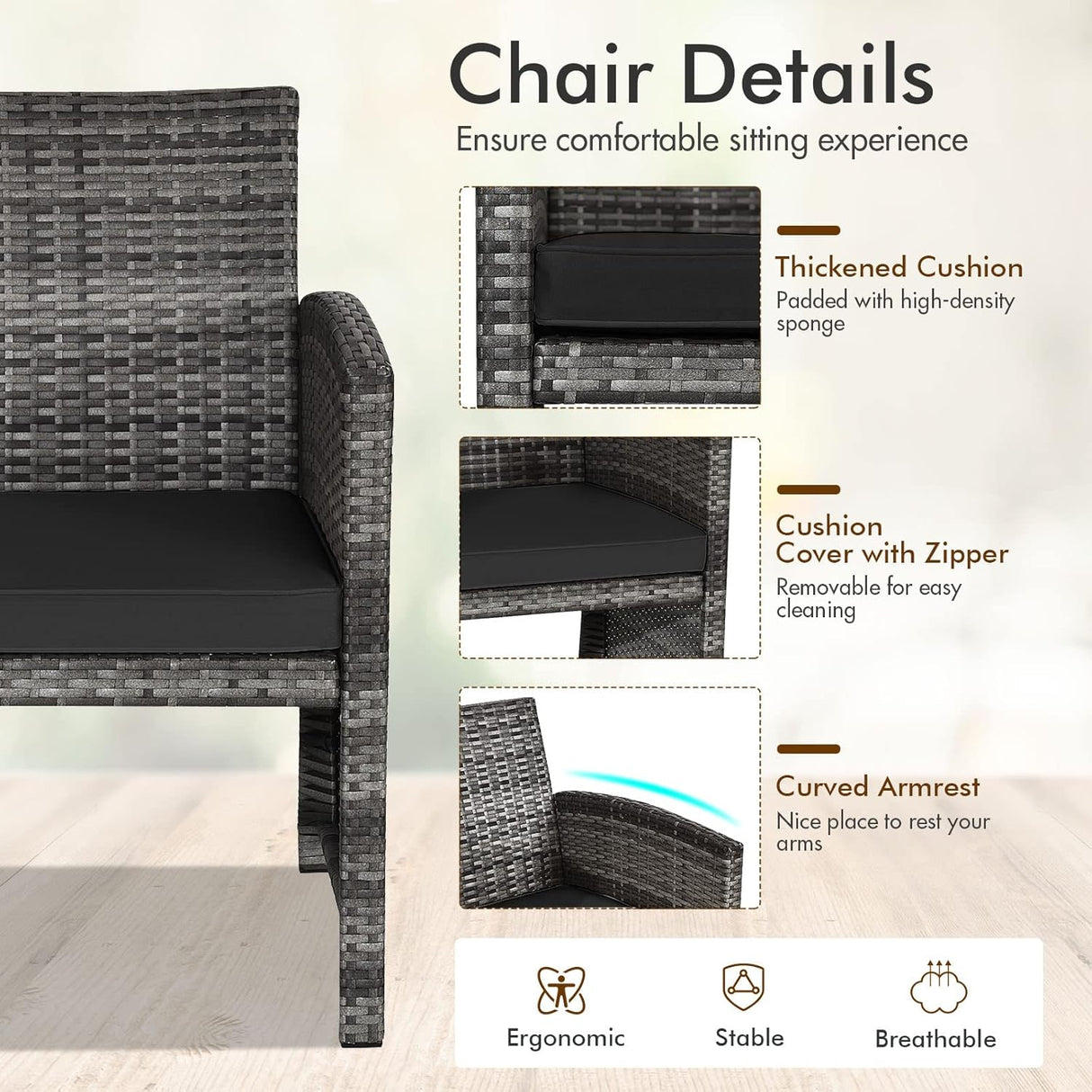 Goplus Juego de muebles de ratán de 4 piezas, sofá de conversación de mimbre para exteriores con cojines resistentes a la intemperie y mesa de vidrio templado para césped, patio, piscina, jardín (negro)