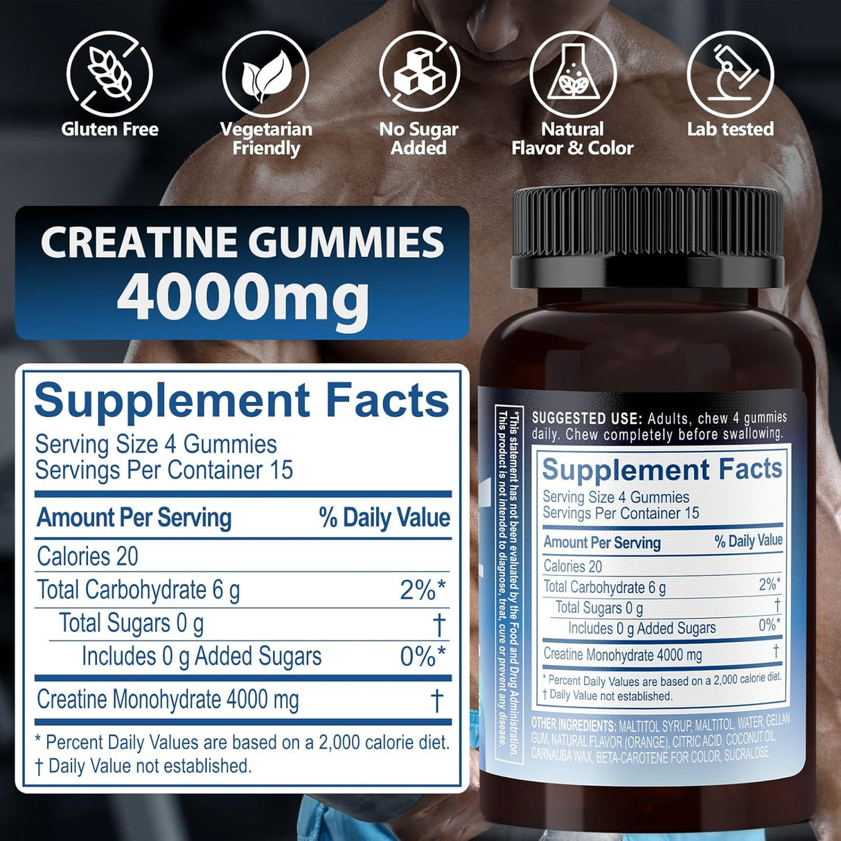 Gomitas de Creatina Monohidrato 4000mg Sin Azúcar, 60u