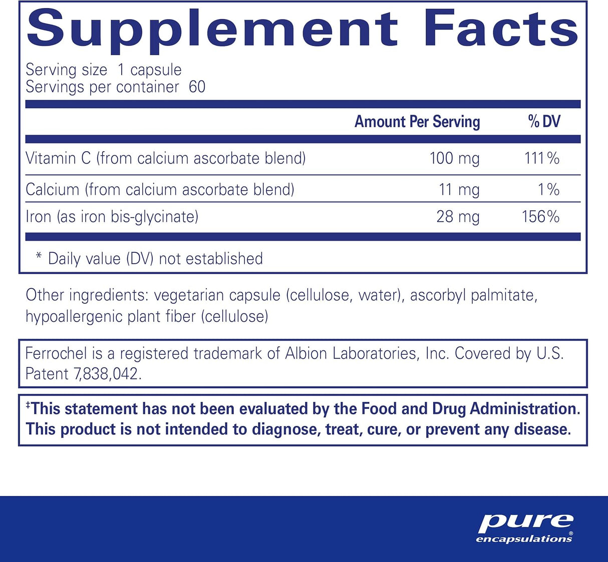 Suplemento Pure Encapsulations OptiFerin-C de hierro 60 cáp