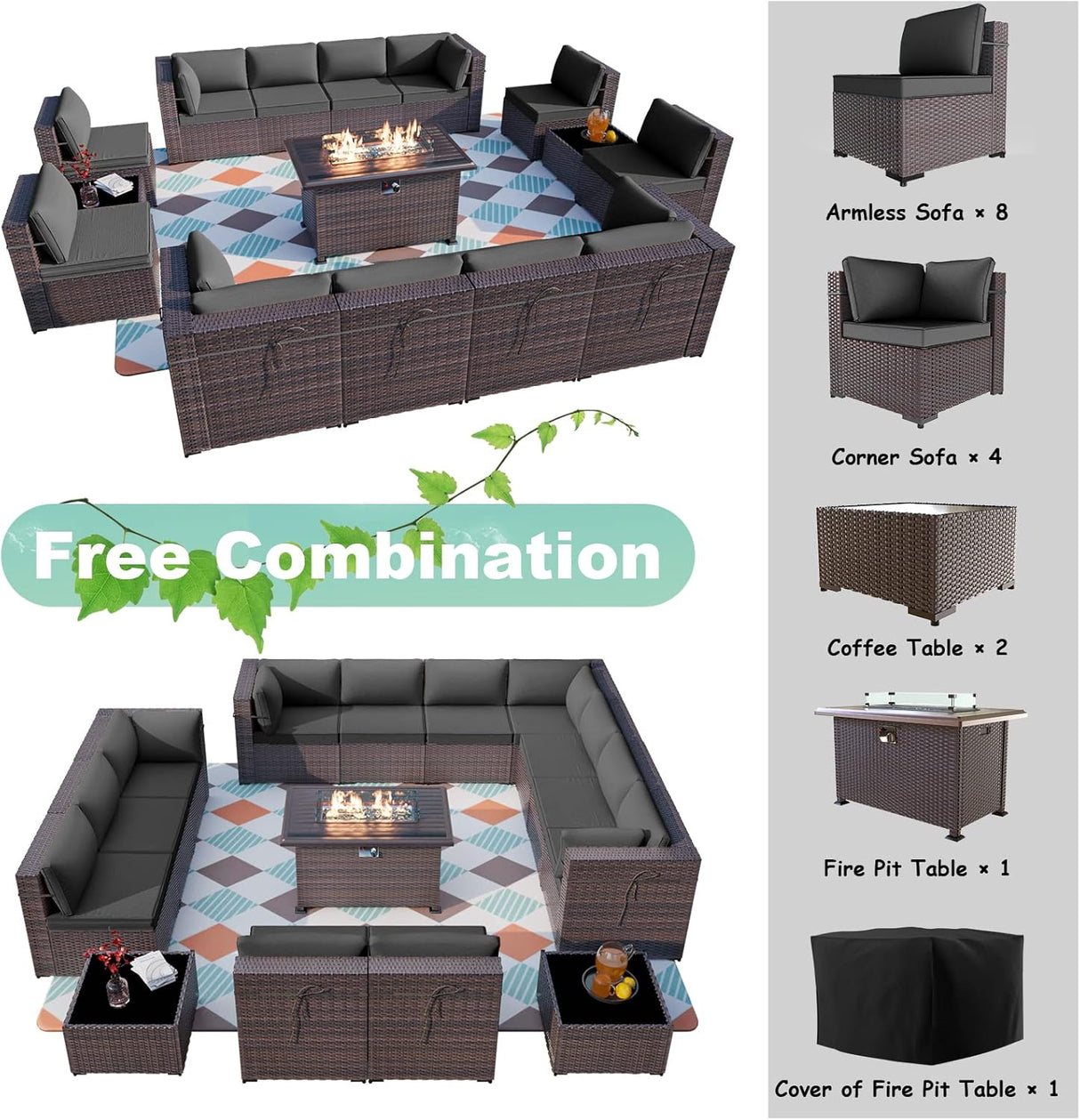 ALAULM Juego de 15 muebles de patio para exteriores con mesa para fogata de propano, juegos de sofás seccionales para exteriores, muebles de patio, fogata de gas de 43 pulgadas, juego de conversación de ratán de polietileno marrón con 12 cojines (gris)