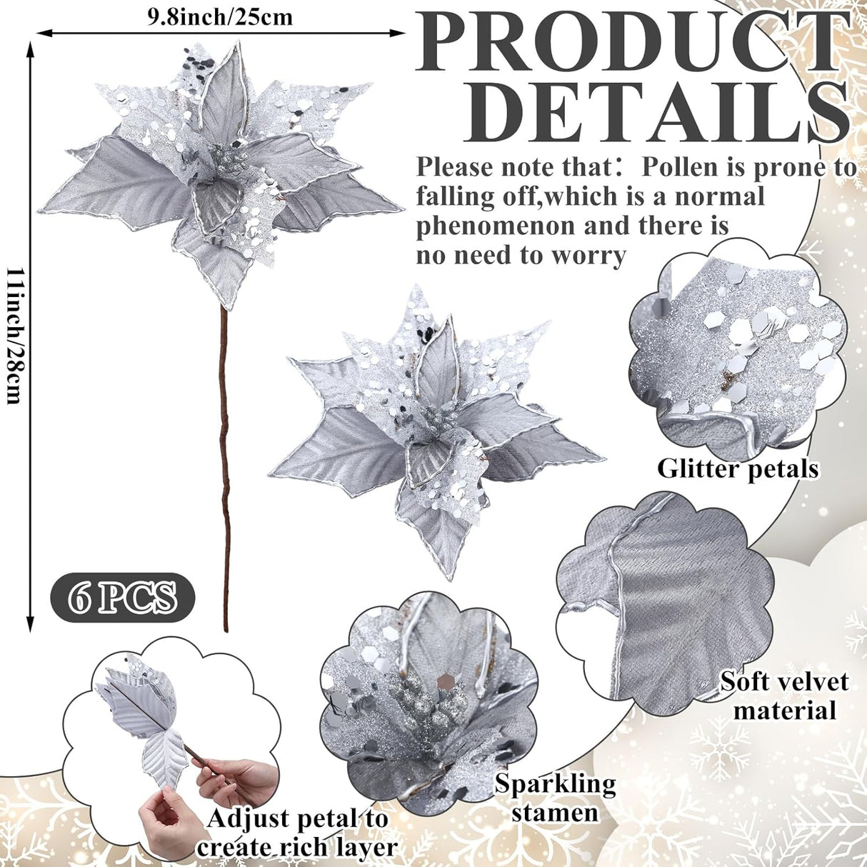 Flores Poinsettia Artificial Hotop 6 Pcs 11 Pulgadas Decorativas