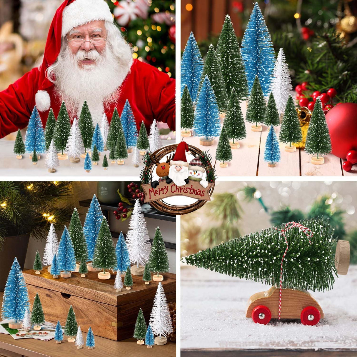 Mini Árboles de Navidad Artificiales con Base de Madera para Decoración