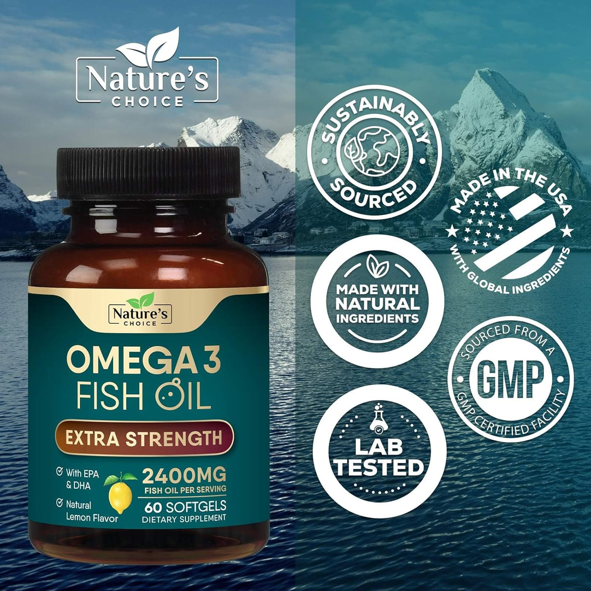 Suplemento de Omega 3 Fish Oil, 2400 mg, 60 cápsulas