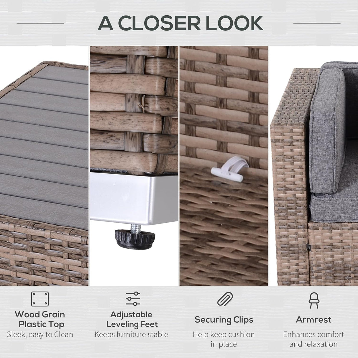 Outsunny Juego de muebles de patio de 7 piezas, juego de conversación de mimbre para exteriores, juego de sofá modular de ratán PE para todo tipo de clima, con cojines y mesa de madera sintética, almohadas a rayas, gris