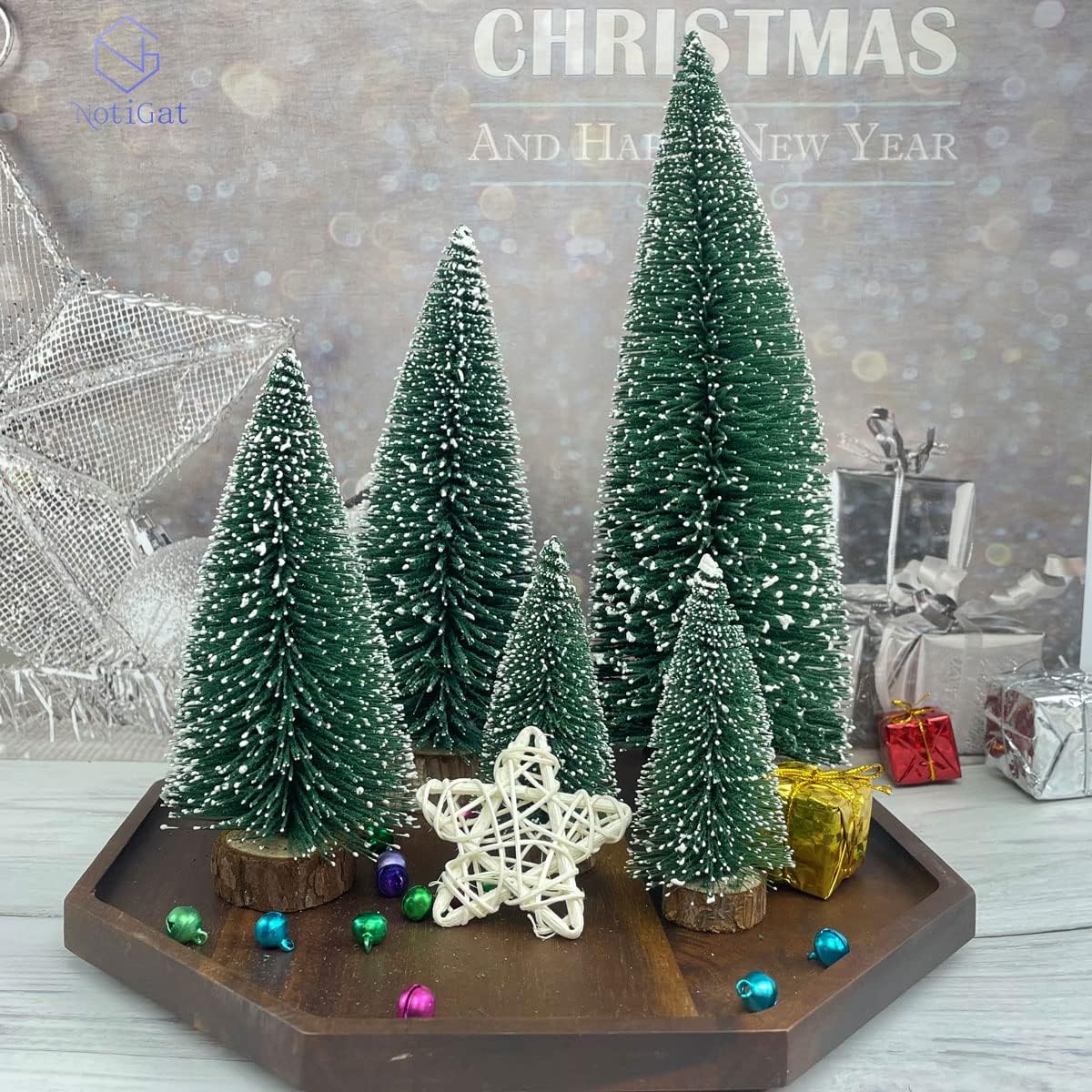 Árboles de Navidad Mini con Base de Madera, 5 piezas, Decoración