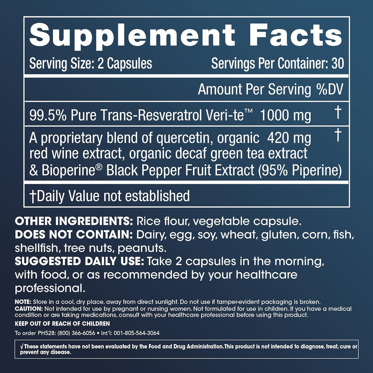 Suplemento ProHealth 1,000 mg de trans-resveratrol. 60 cap