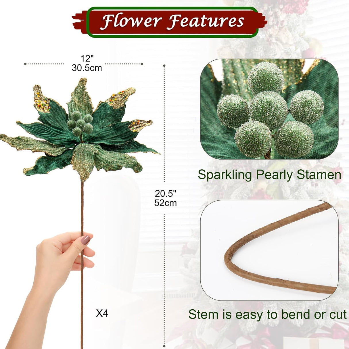 Flores Poinsettia Artificial Briful 12'' Set de 4 para Decorar