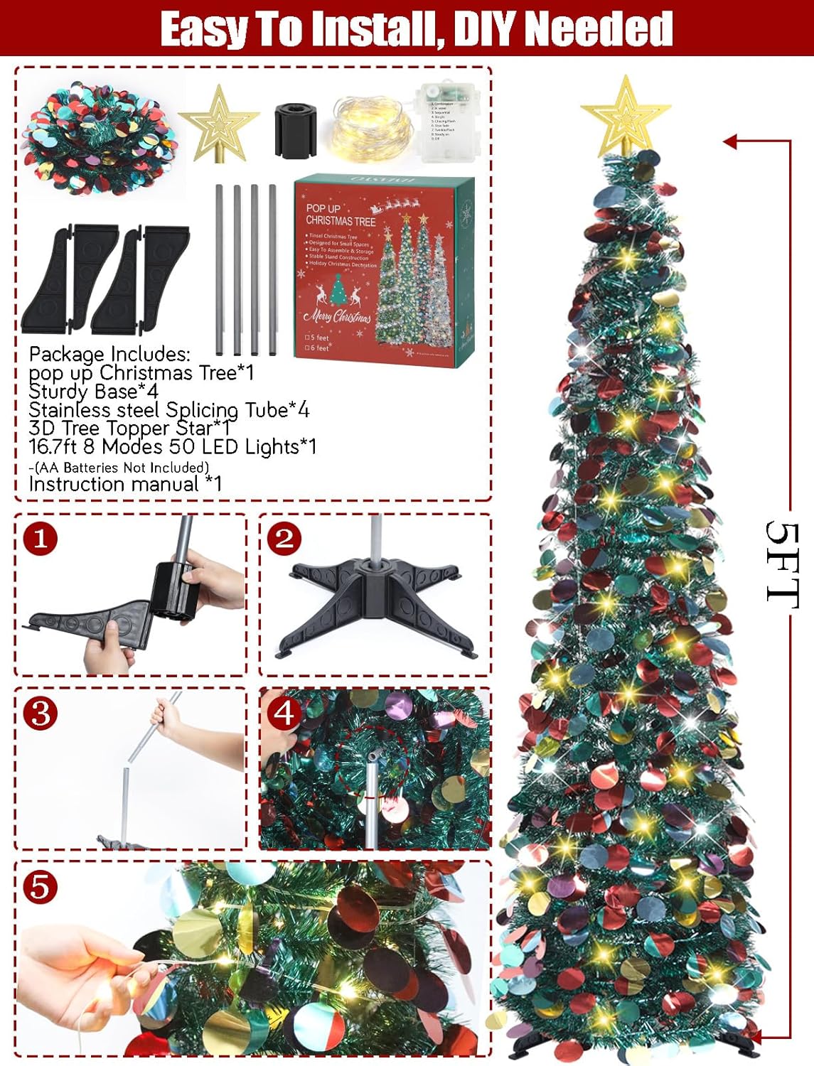 Árbol de Navidad Pop-Up 5 FT con luces temporizadas, modelo HMASYO