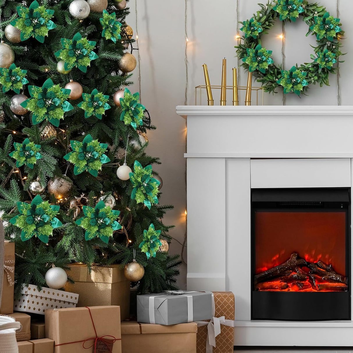 Flores Poinsettia Artificiales Glitter para Navidad, 36 Pcs