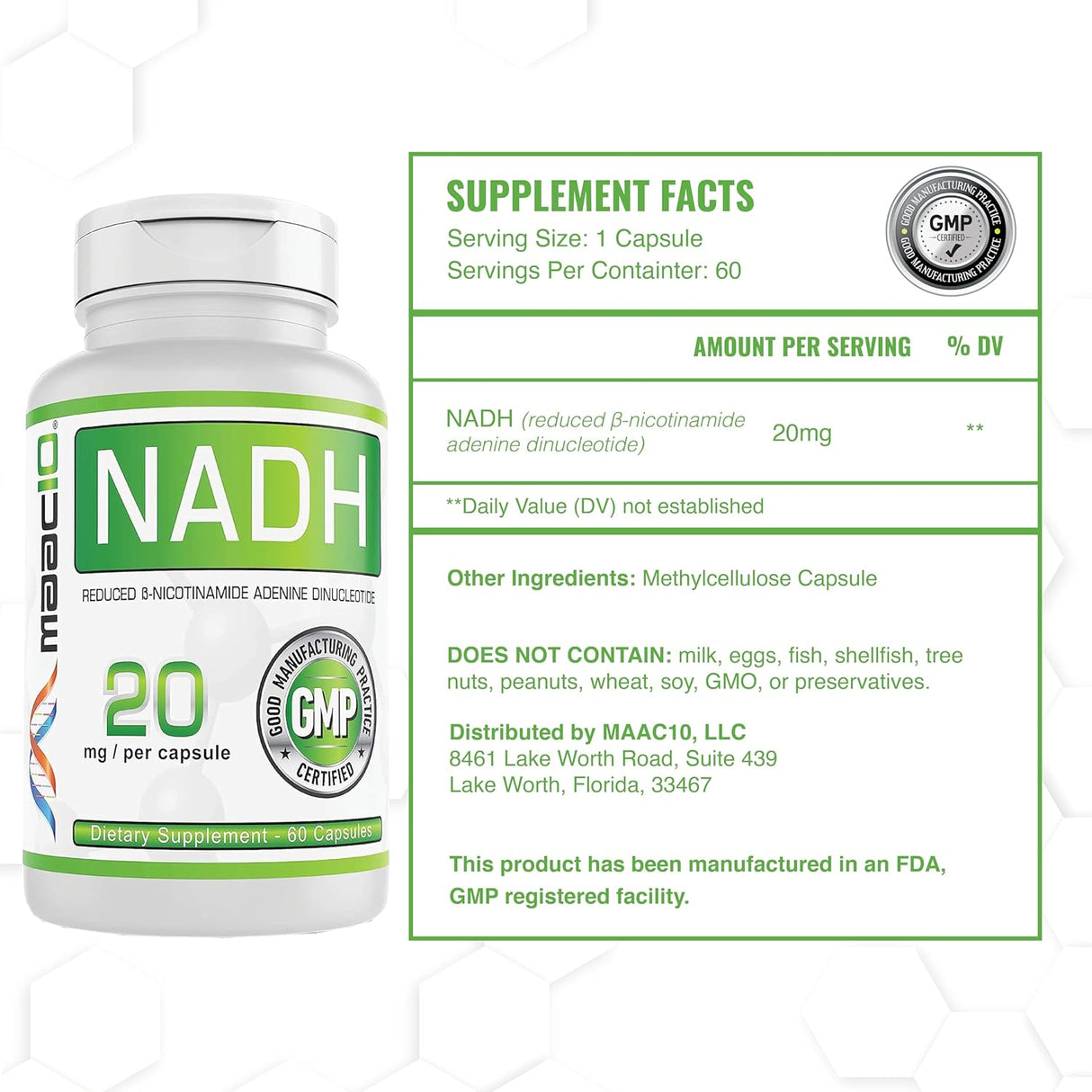 Suplemento MAAC10 NADH 20mg cada 60 cápsulas para energía