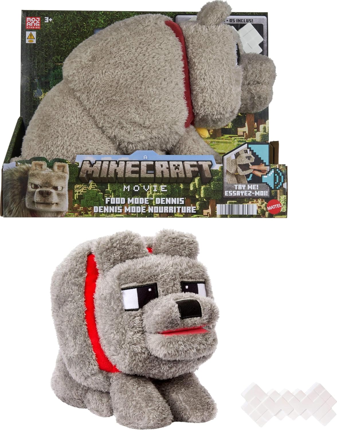 Peluche Mattel Minecraft Dennis el Lobo con Acción y Sonido, Food Mode