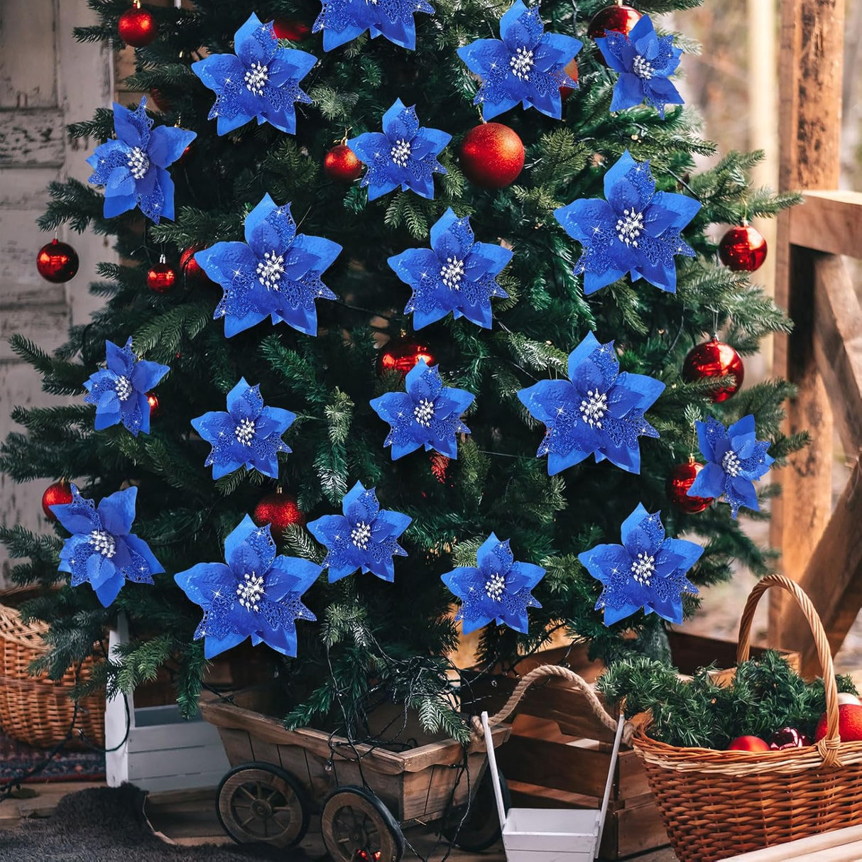 Flores Artificiales Poinsettia Willbond, 36 Piezas, Glitter