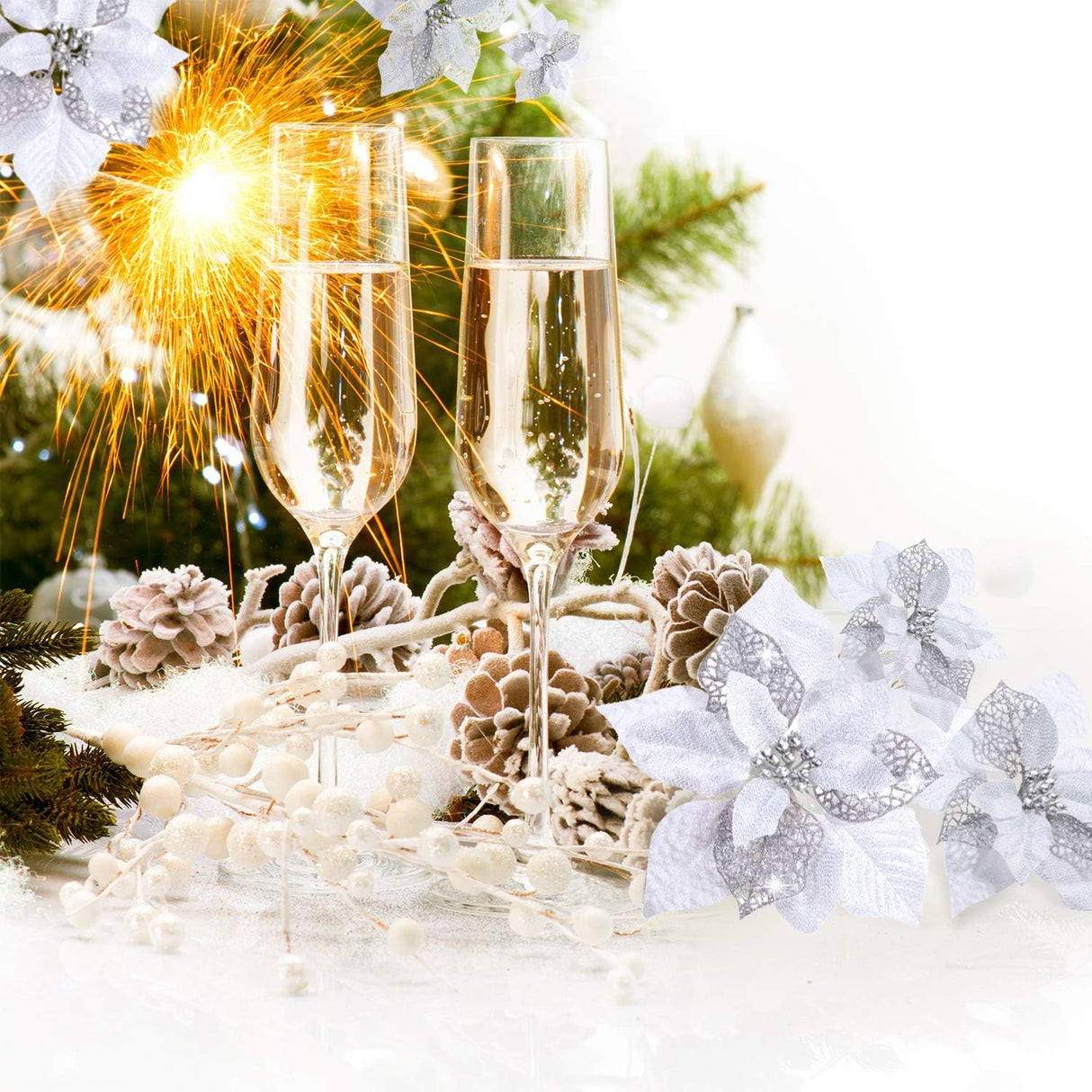 Flores Artificiales Poinsettia Glitter 36 Piezas WILLBOND