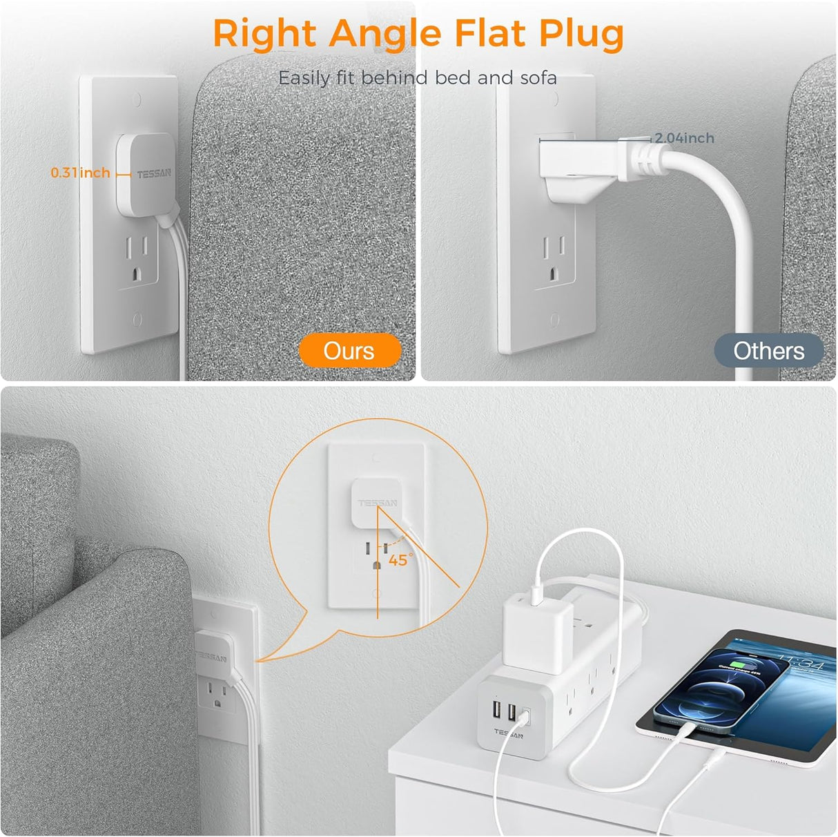 TESSAN - Protector de sobretensiones, enchufe plano ultrafino