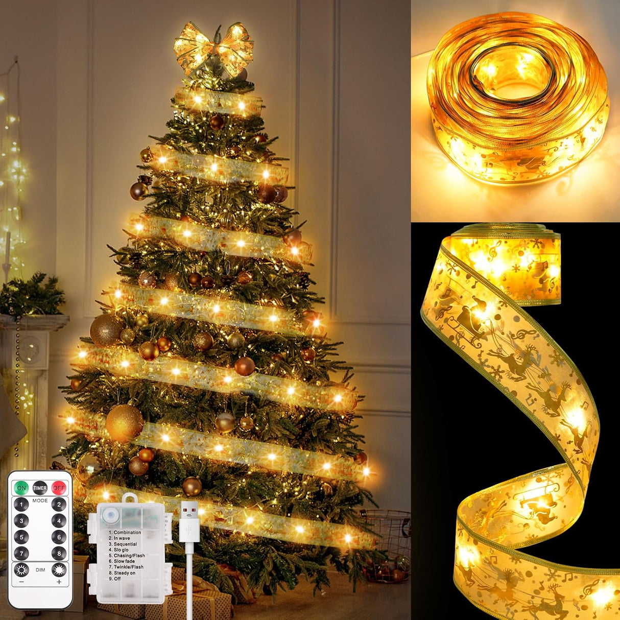Decoraciones de Árbol de Navidad, 100 LED, Modos de Luz, USB