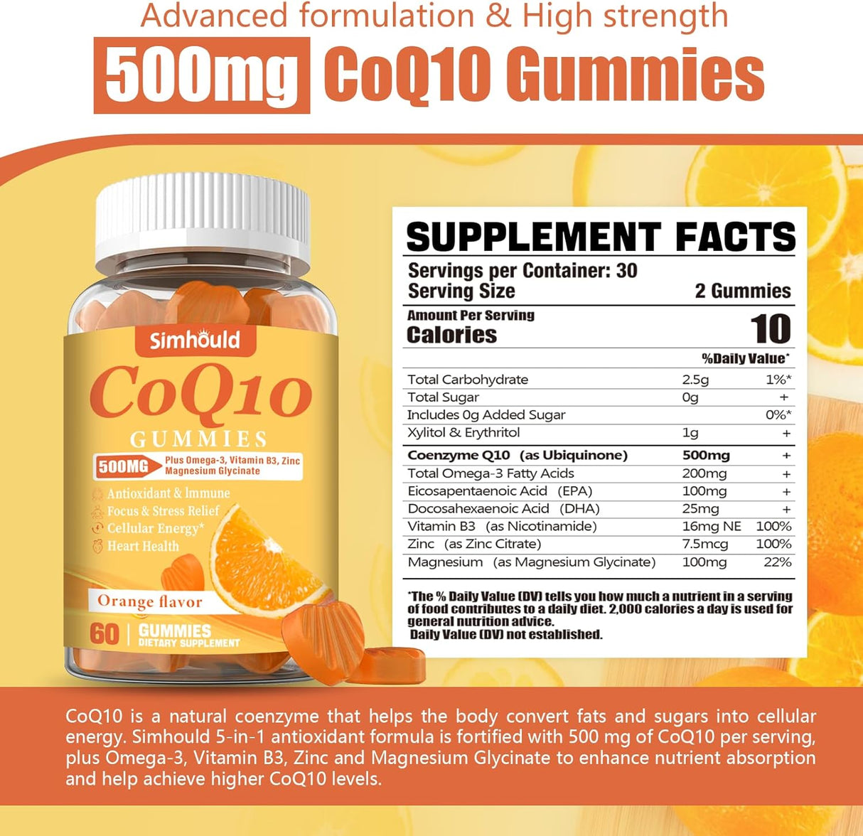CoQ10 500MG Gummies +Omega-3,Magnesio,Vitamin B3,Zinc 120