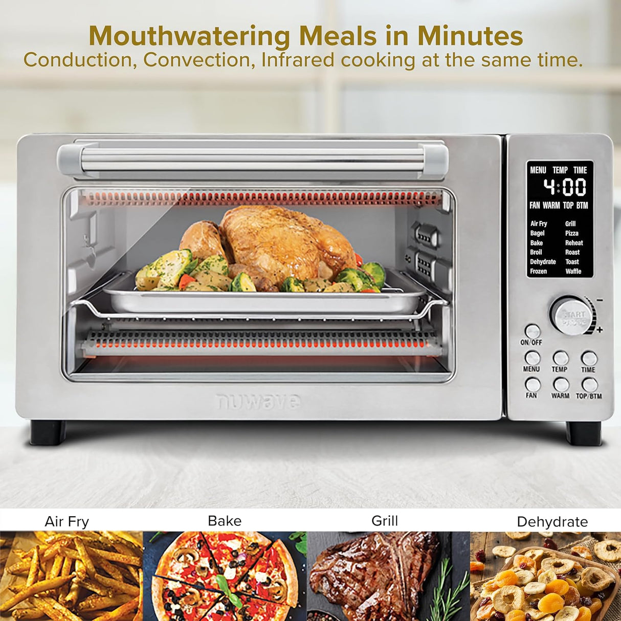Nuwave Bravo - Horno tostador digital 12 en 1, horno de convección de encimera y freidora de aire, 1800 vatios, capacidad de 21 cuartos de galón, controles de temperatura de 50°-450°F, cocción envolvente de doble zona, tecnología T lineal, aspecto SS