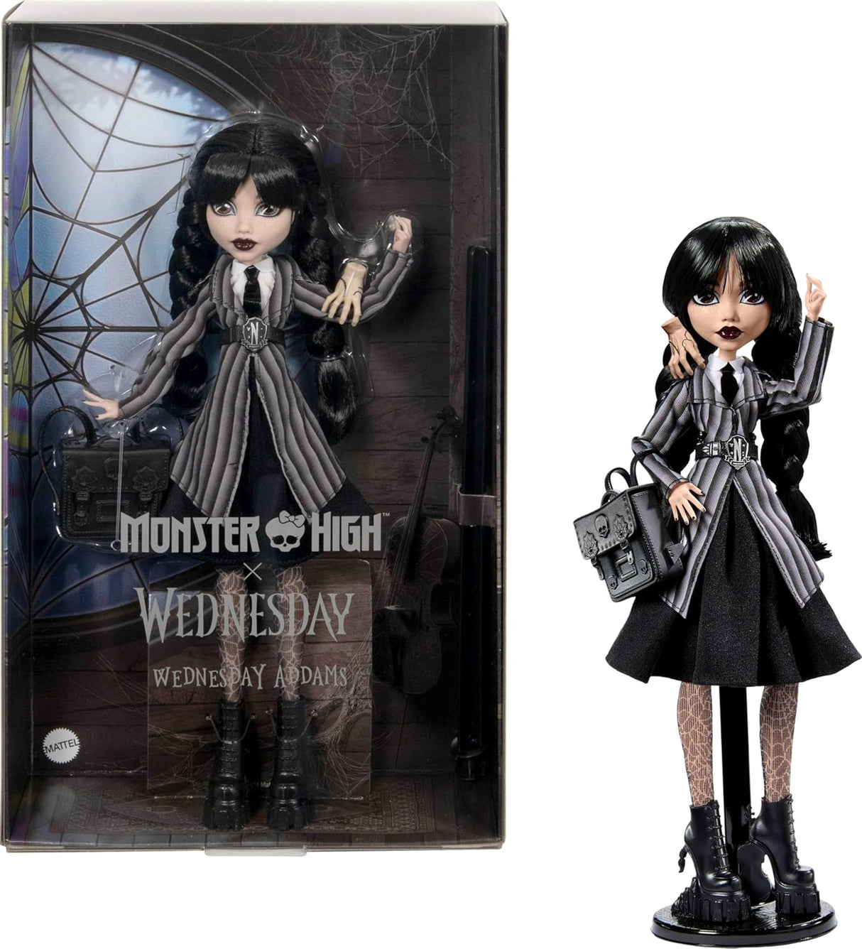 Muñeca Wednesday Addams Monster High, uniforme Nevermore, Thing