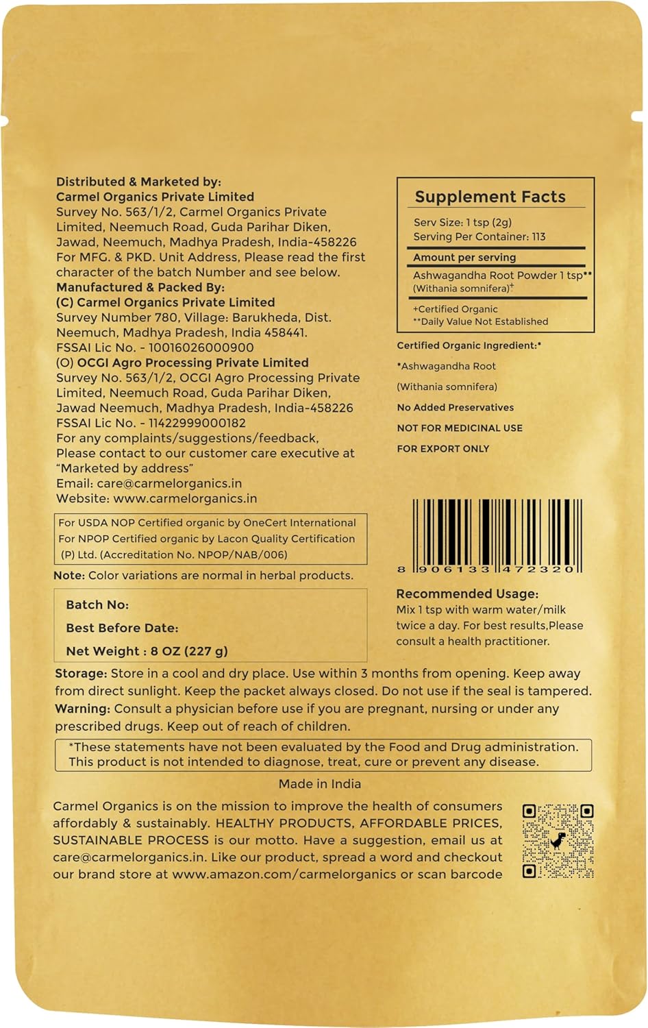 CARMEL ORGANICS Polvo de Raíz de Ashwagandha 227g Orgánico