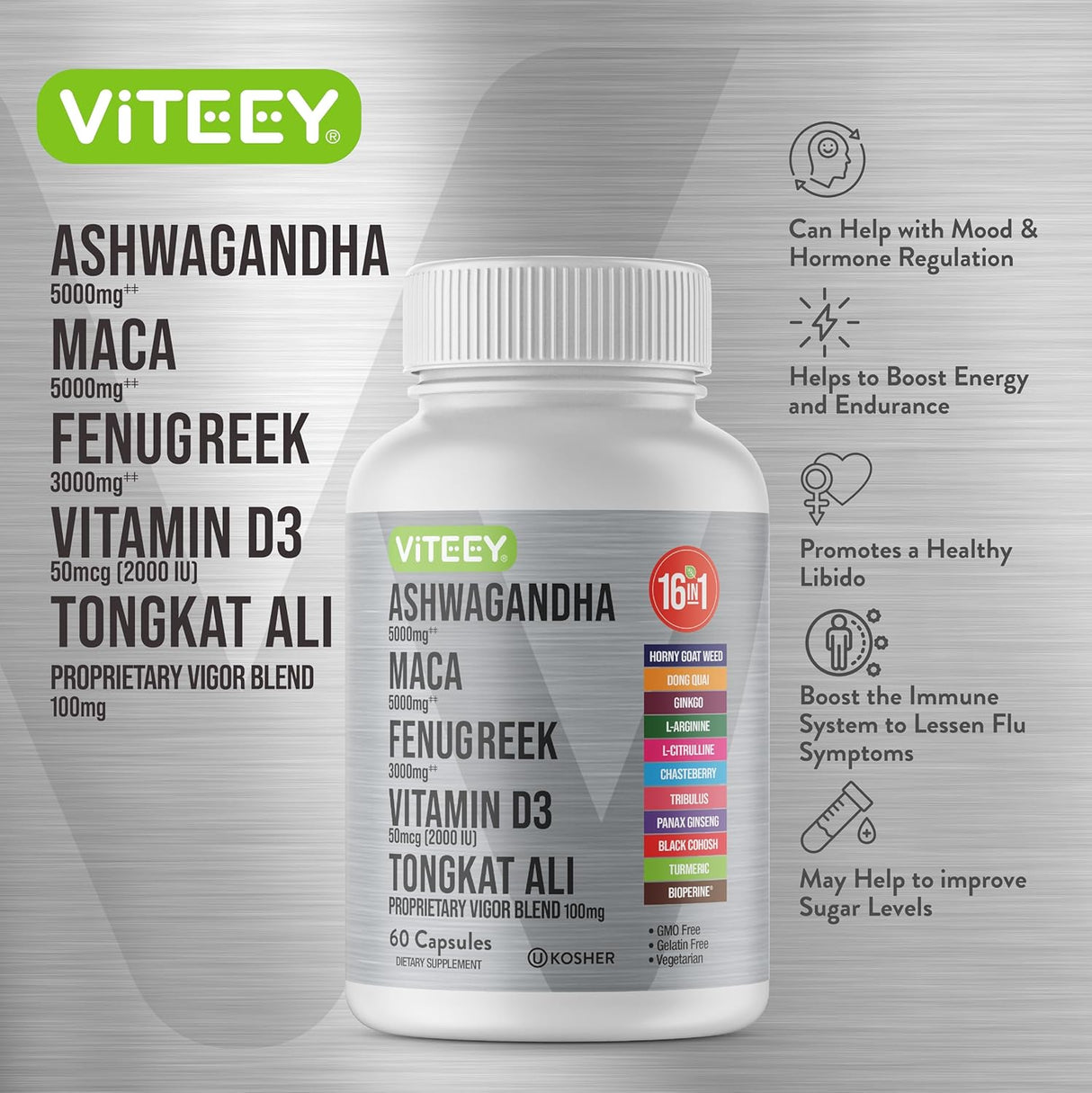 Viteey Ashwagandha 5000mg, Maca, Fenugreek, D3, Tongkat 60 cápsulas