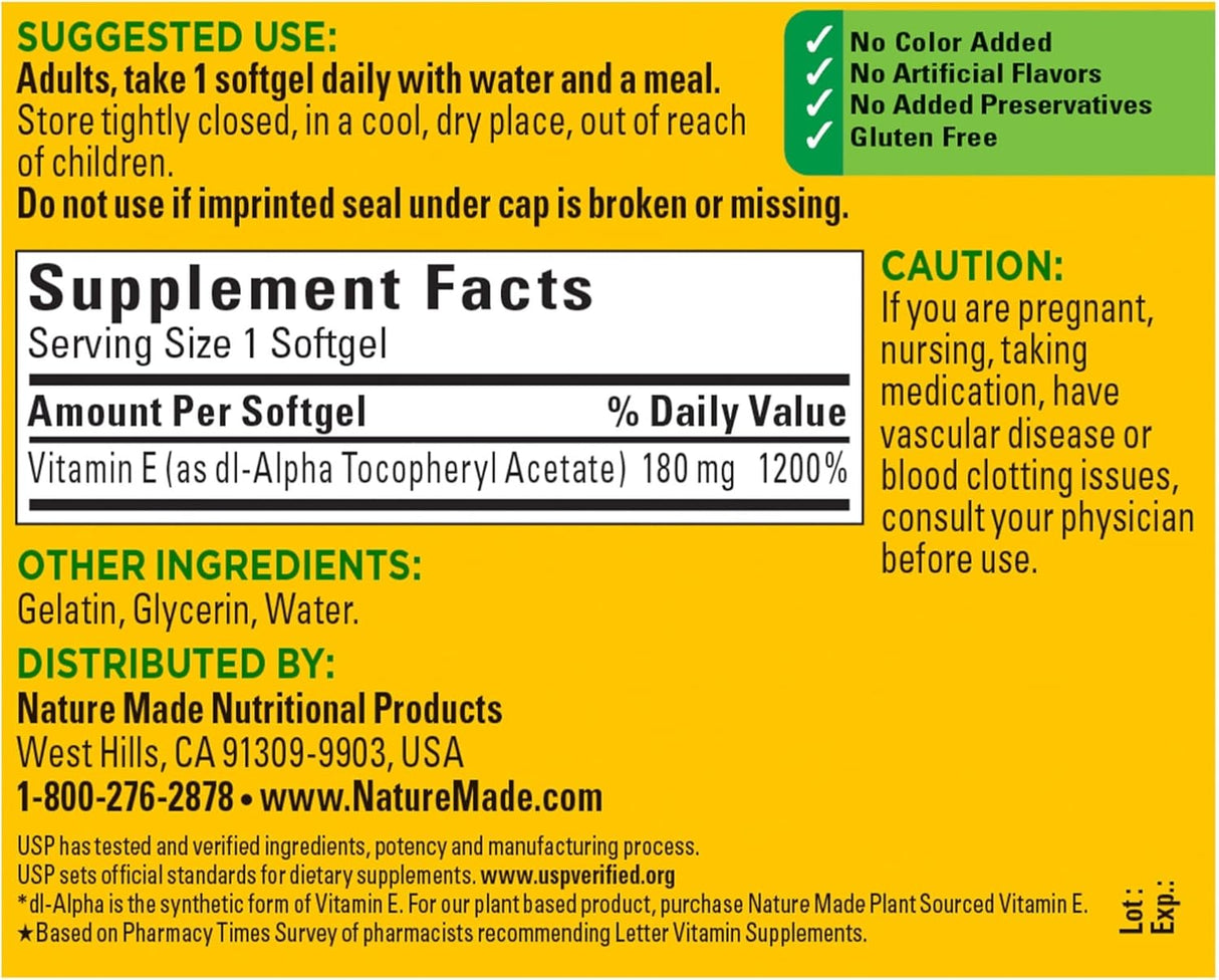 Nature Made Vitamina E 180 mg (400 UI) dl-Alpha 180 días