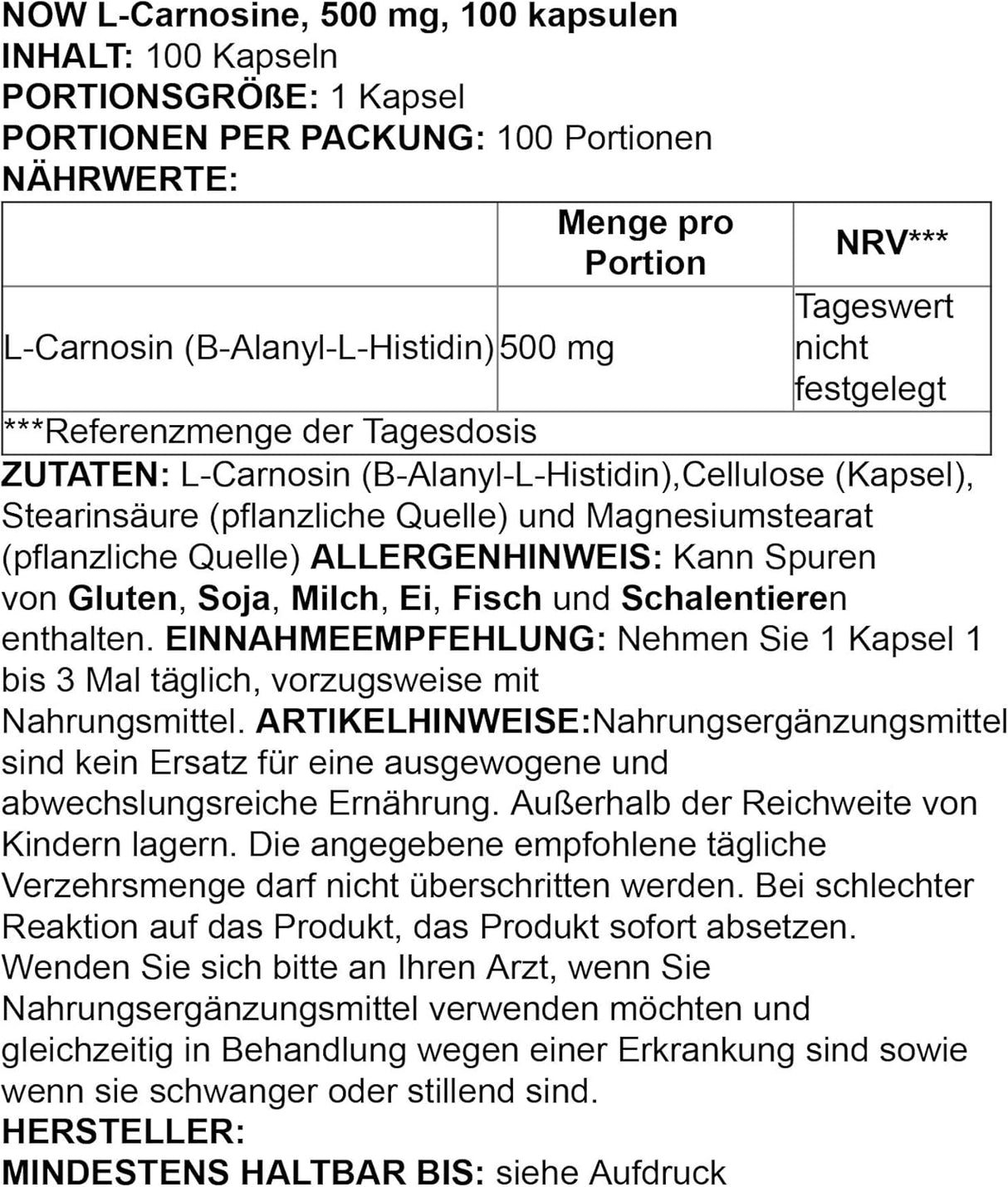 Suplementos L-carnosina beta-alanil-L-histidina 500 mg