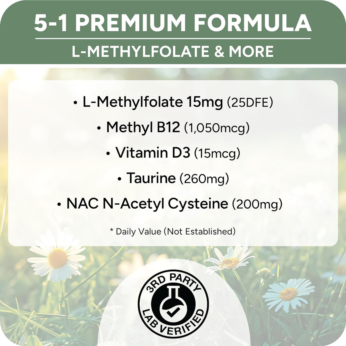 Suplemento 5-MTHF L-metilfolato de 15 mg folato B9 bioactivo