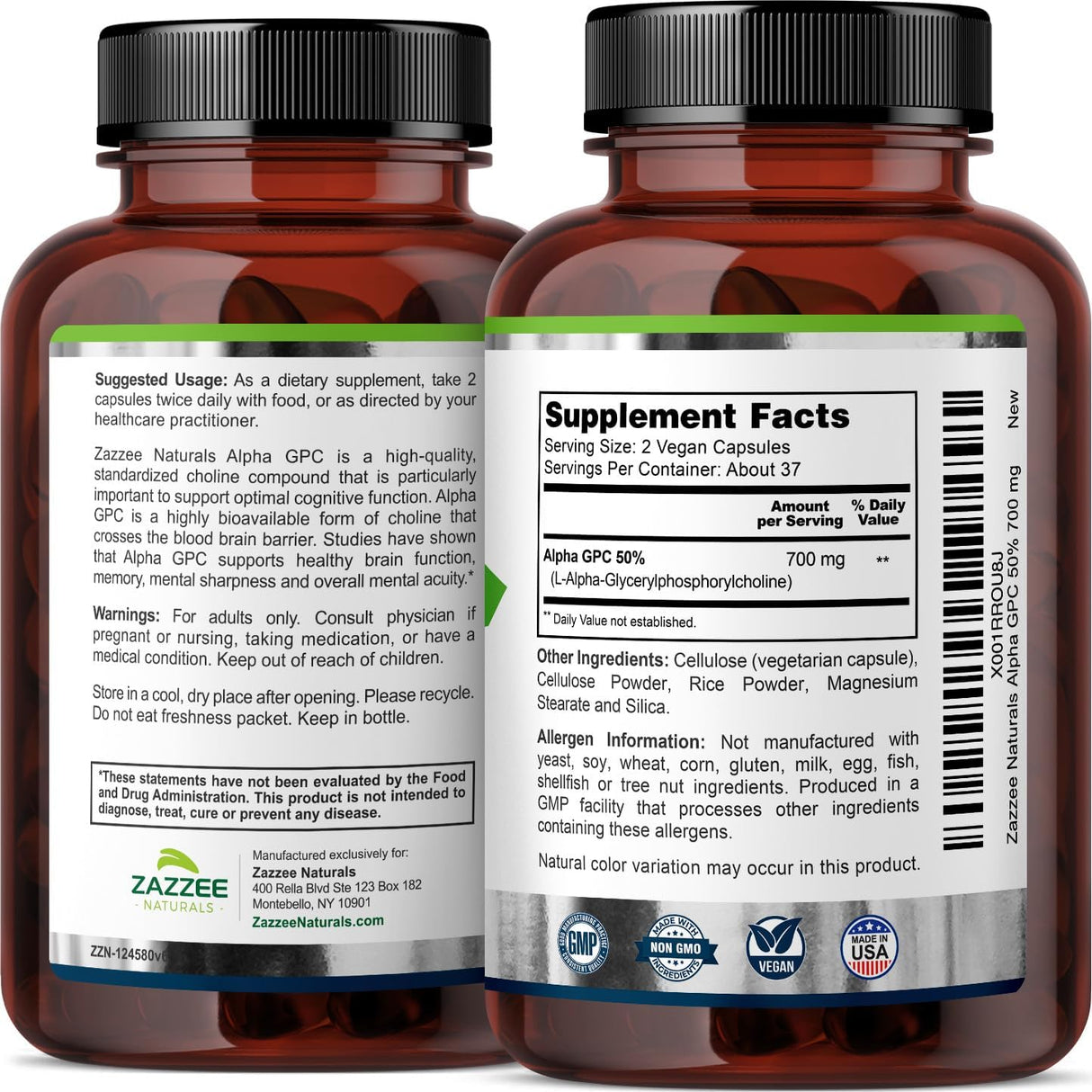 Alpha GPC Choline 700mg, 100% Puro, Vegano, Grado Farmacéutico