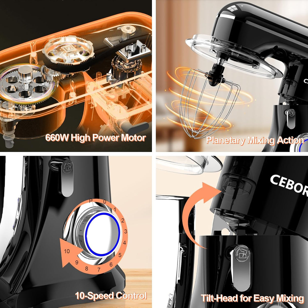 Batidora eléctrica 3 en 1, 6.5QT, 660W, 10 velocidades, modelo X.