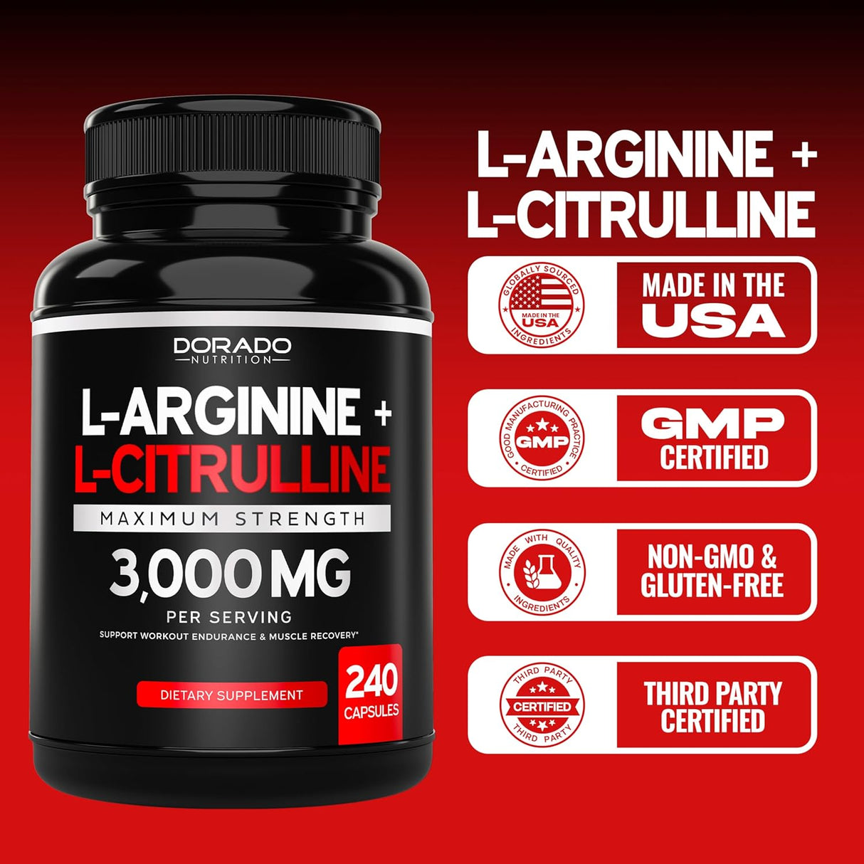 Suplemento L-Arginina L-Citrulina 3000mg - Sin Gluten, Vegan