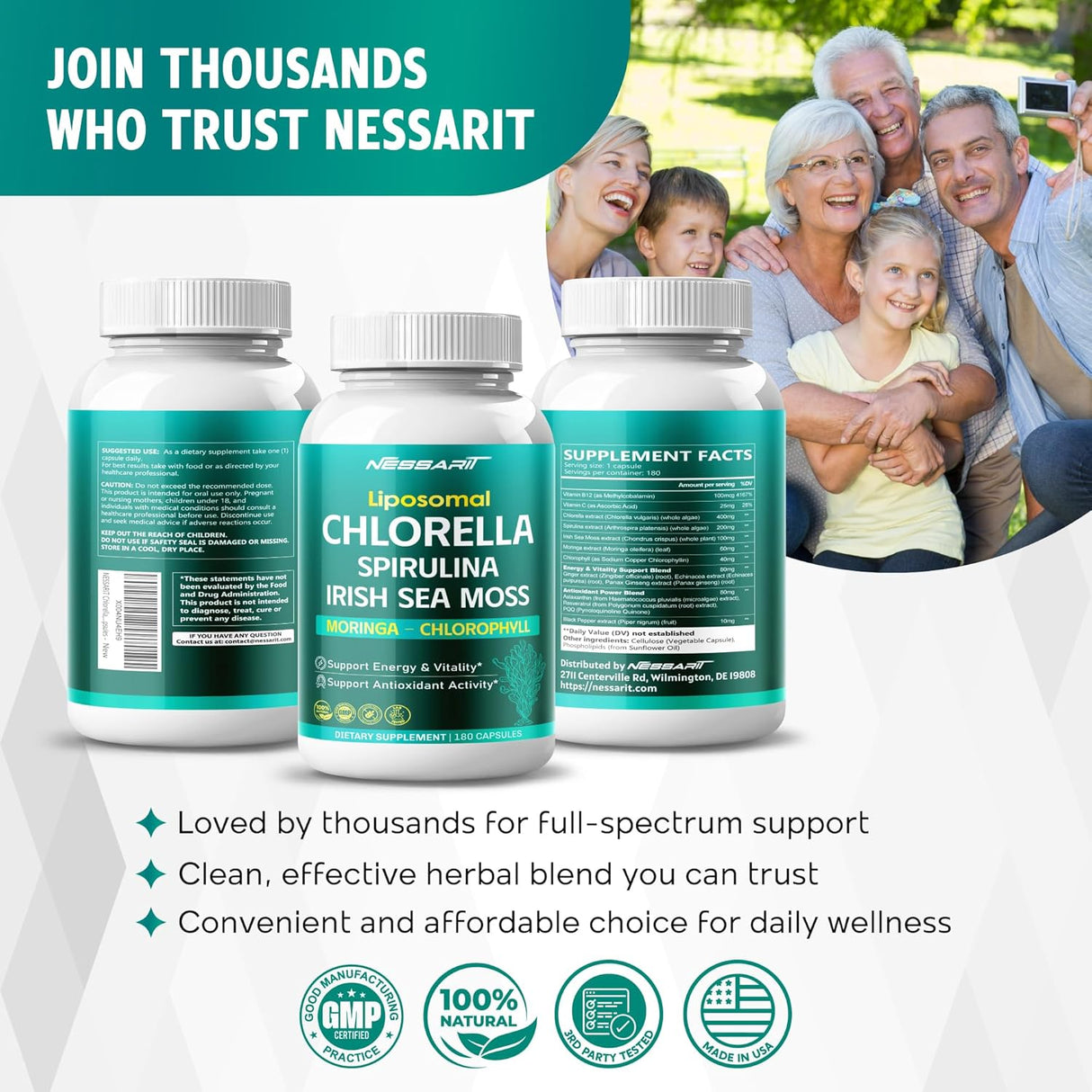 Suplemento de Chlorella, Spirulina, Musgo de Irlanda, Moringa y Clorofila, 180 cápsulas
