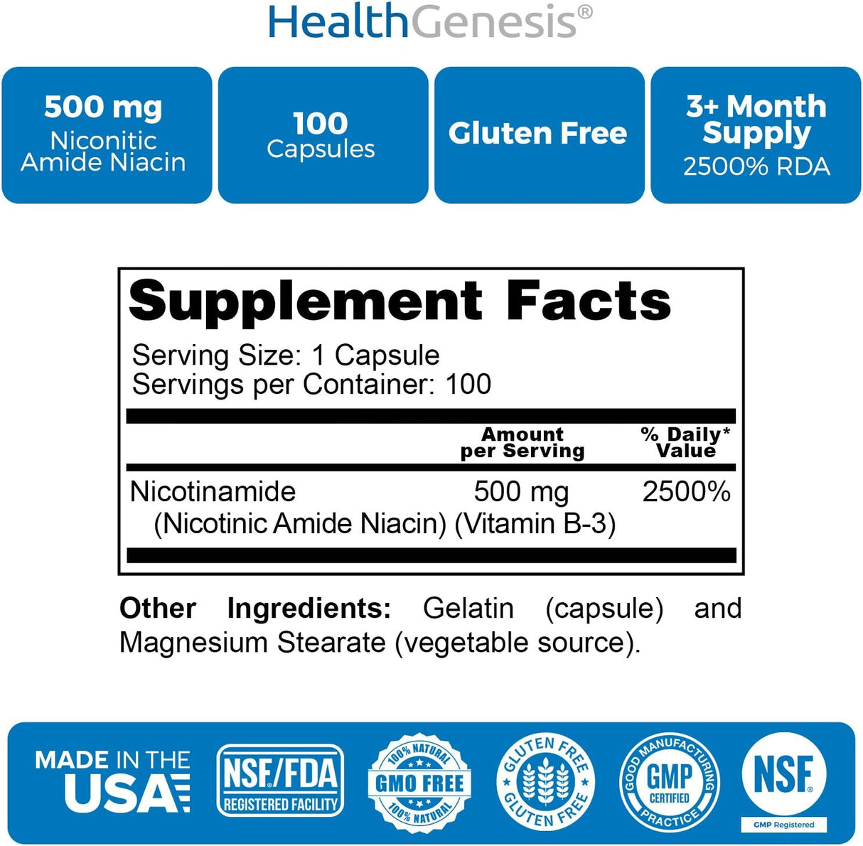 Suplemento B-3 Nicotinamida 500 mg 100 cápsulas Amide