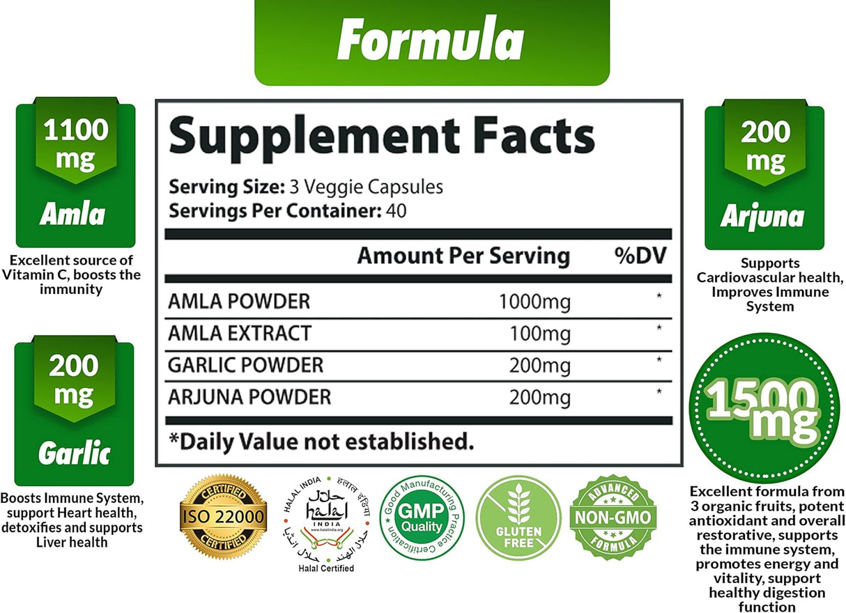 Suplemento orgánico Triphala 3 polvos de frutas 3000 mg 120u