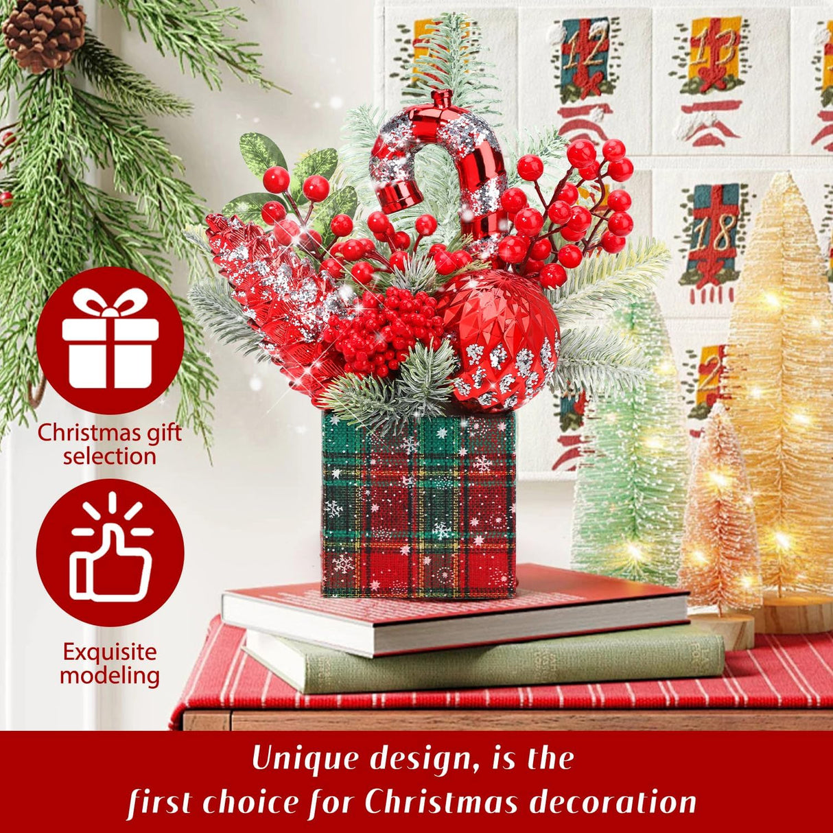 Mini árbol de Navidad artificial, decoraciones con adornos, grande