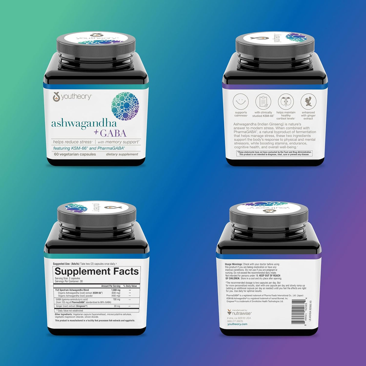 Suplemento Youtheory Ashwagandha+GABA reducir el estrés