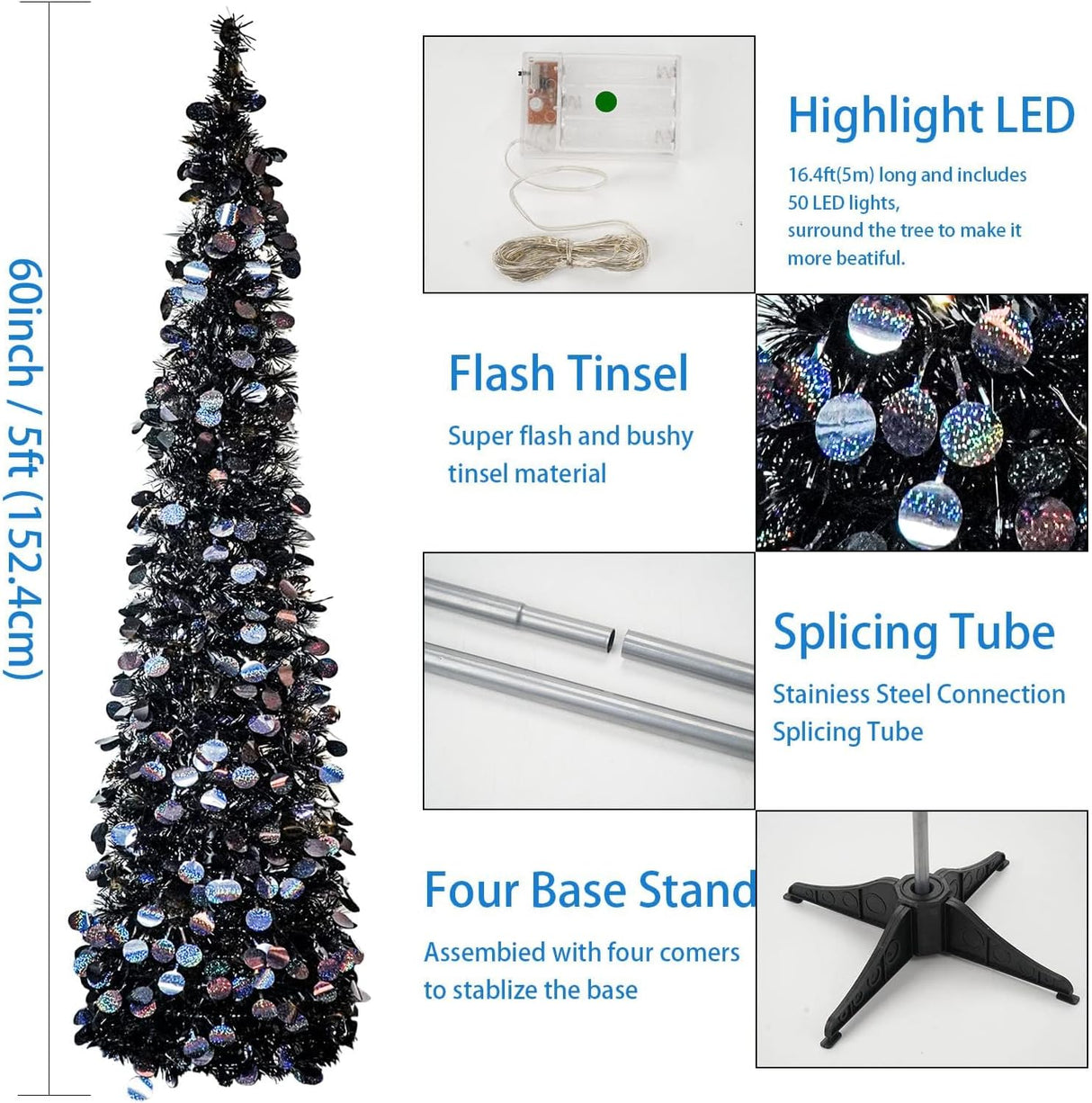 Árbol de Navidad 5ft WOKEISE con 50 luces, colapsable, tinsel