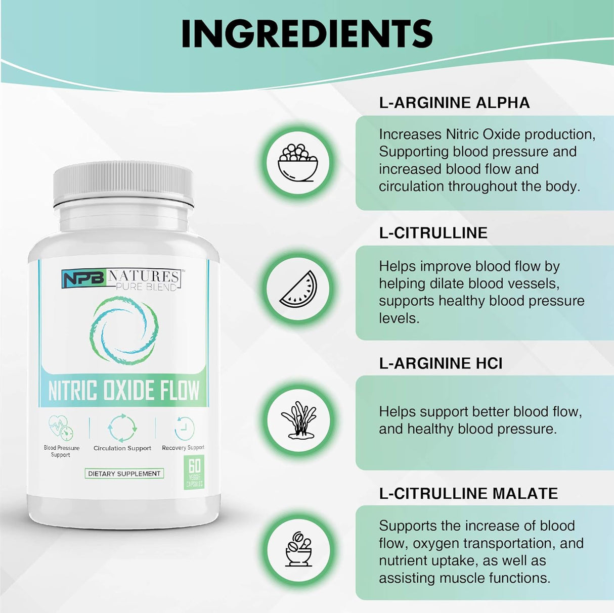 Suplemento de óxido nítrico Nature's Pure Blend L-arginina