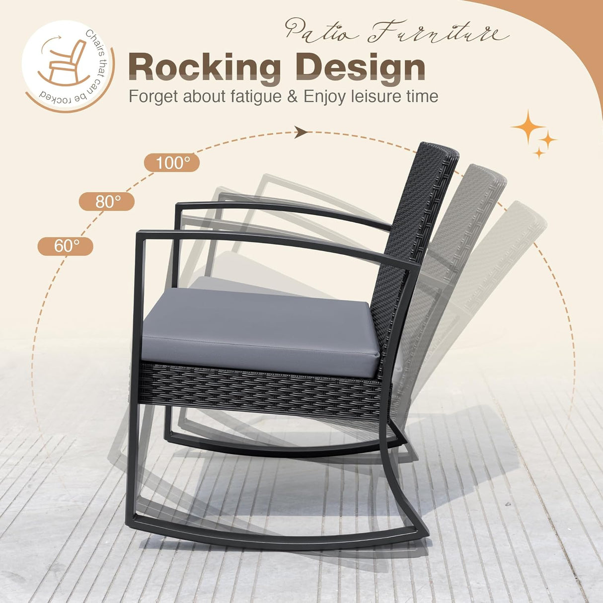 Greesum Juego de muebles de exterior de 3 piezas para patio, bistró, mecedoras con mesa de centro de cristal para piscina, playa, patio, balcón, porche, terraza, jardín, gris