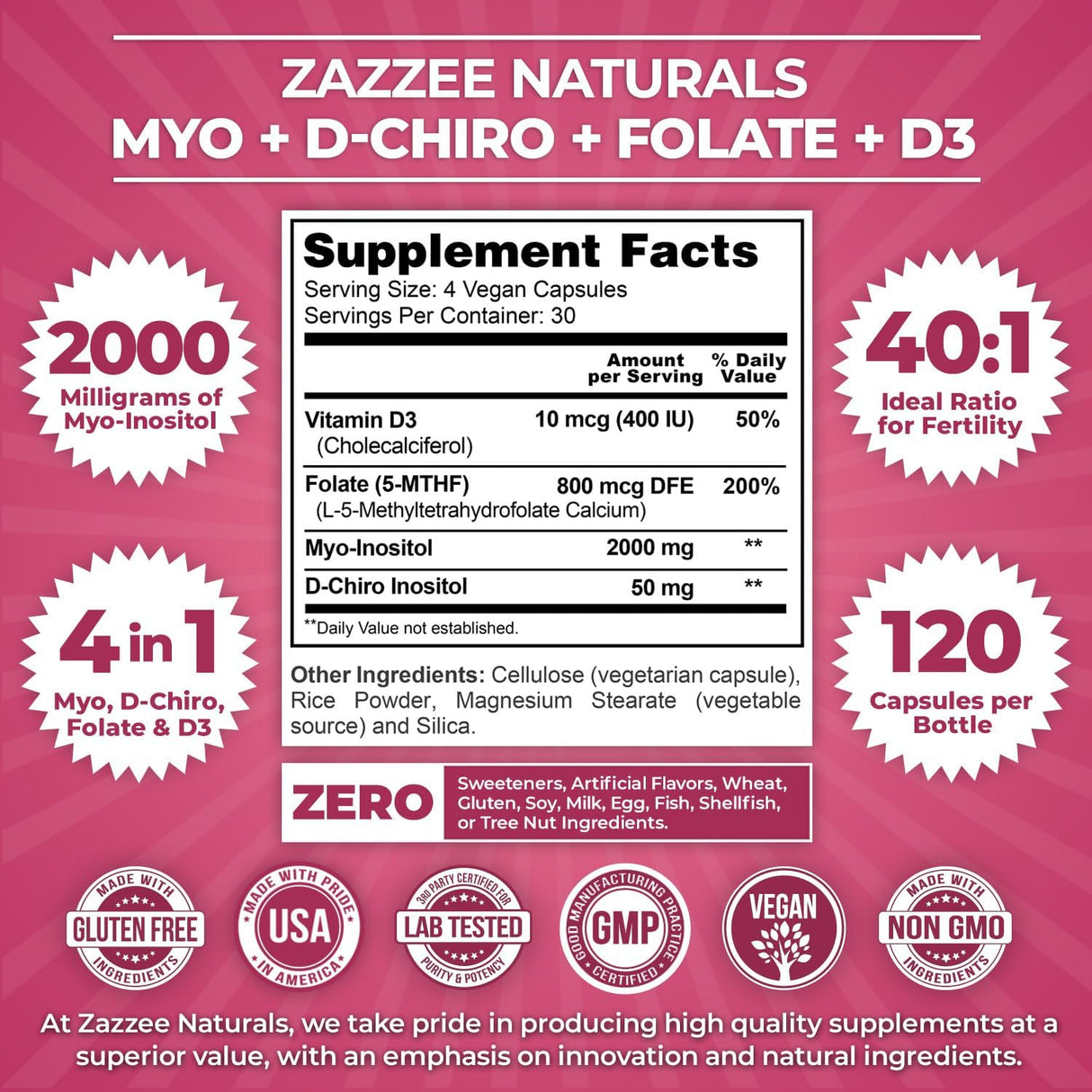 Zazzee Inositol + D-Chiro + Folate + D3 Vegan 30 días