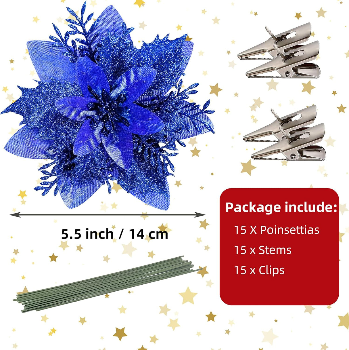 Flores Poinsettia Artificiales 15 Pcs, Decoraciones de Navidad