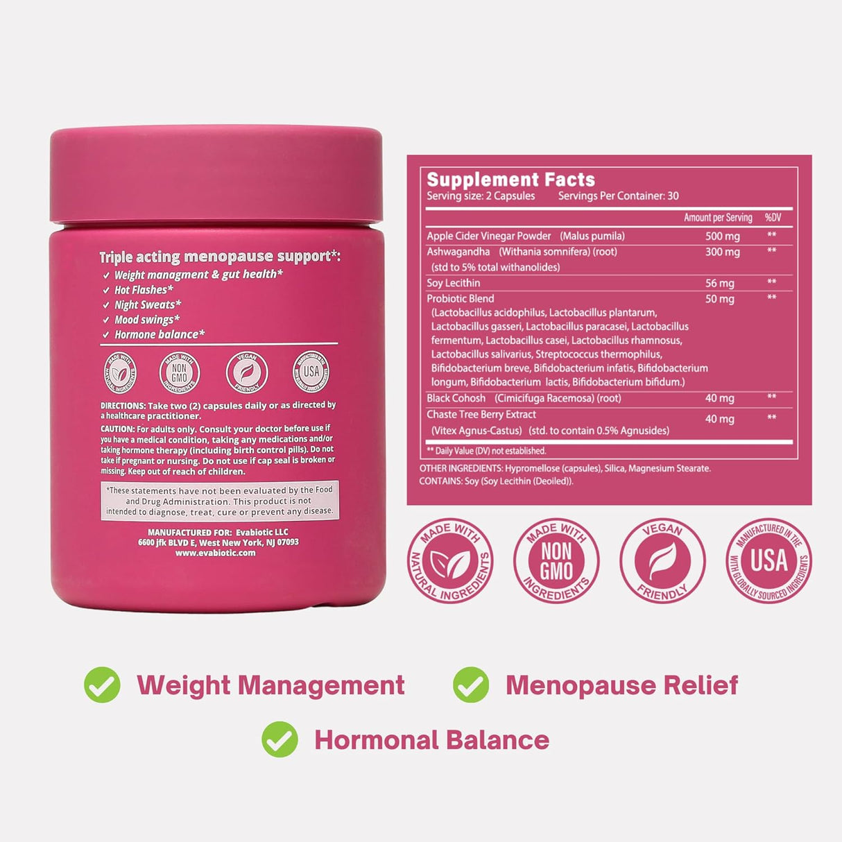 Menopausia Completa Vegana - Ashwagandha, Probióticos, ACV, 60 Caps