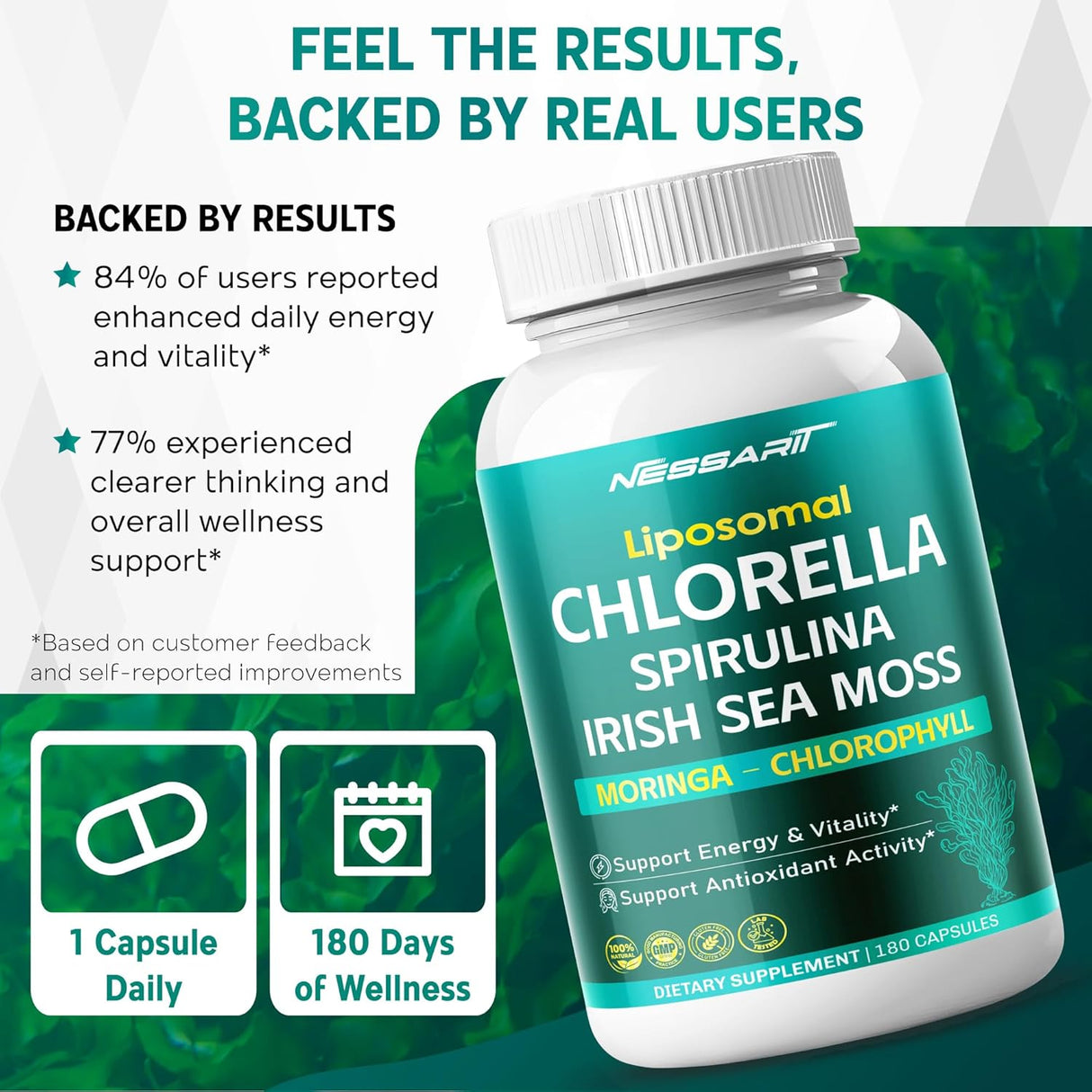 Suplemento de Chlorella, Spirulina, Musgo de Irlanda, Moringa y Clorofila, 180 cápsulas